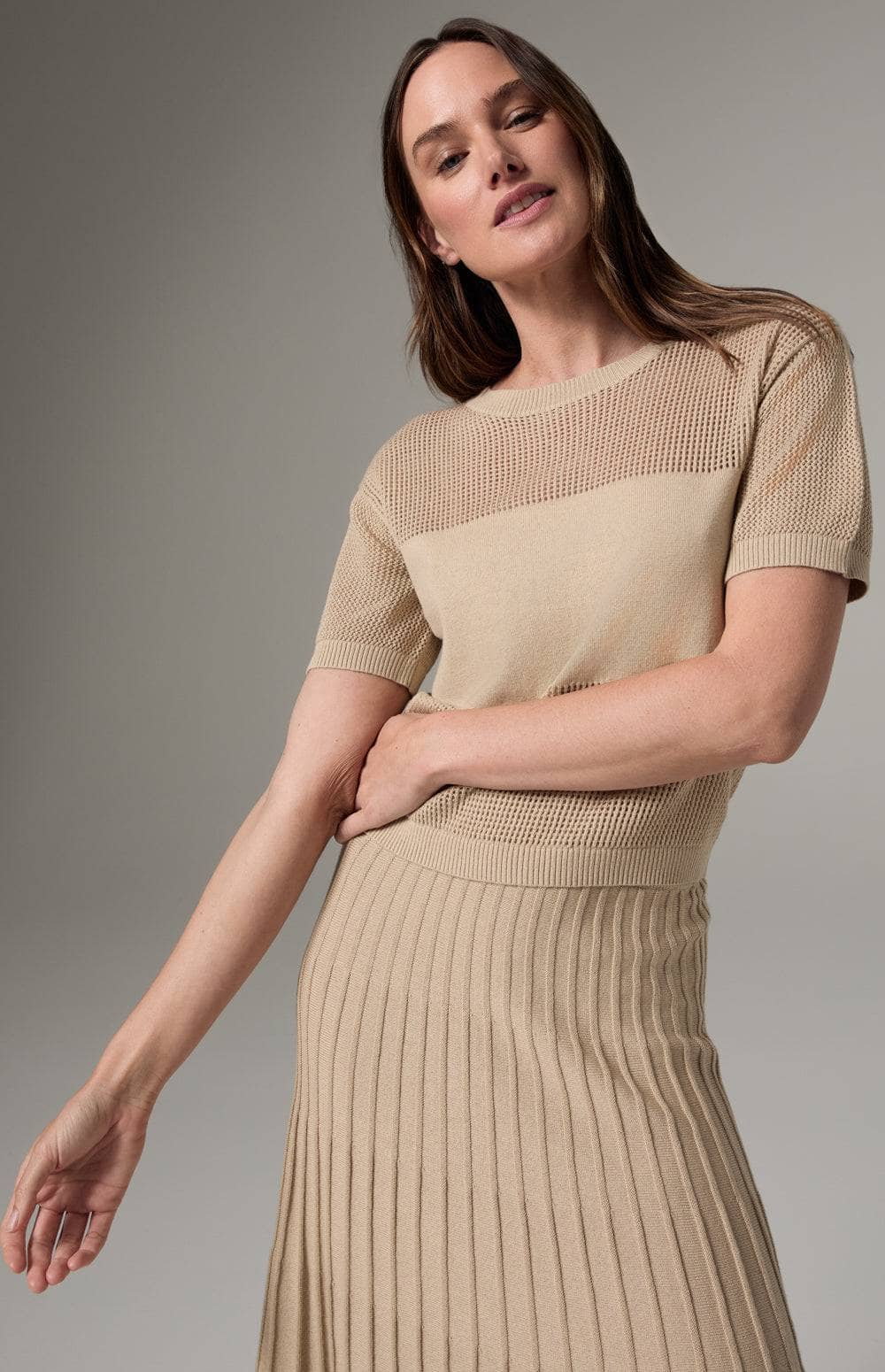Alp N Rock Emma Top, Women's Beige Short Sleeve Open Knit Sweater