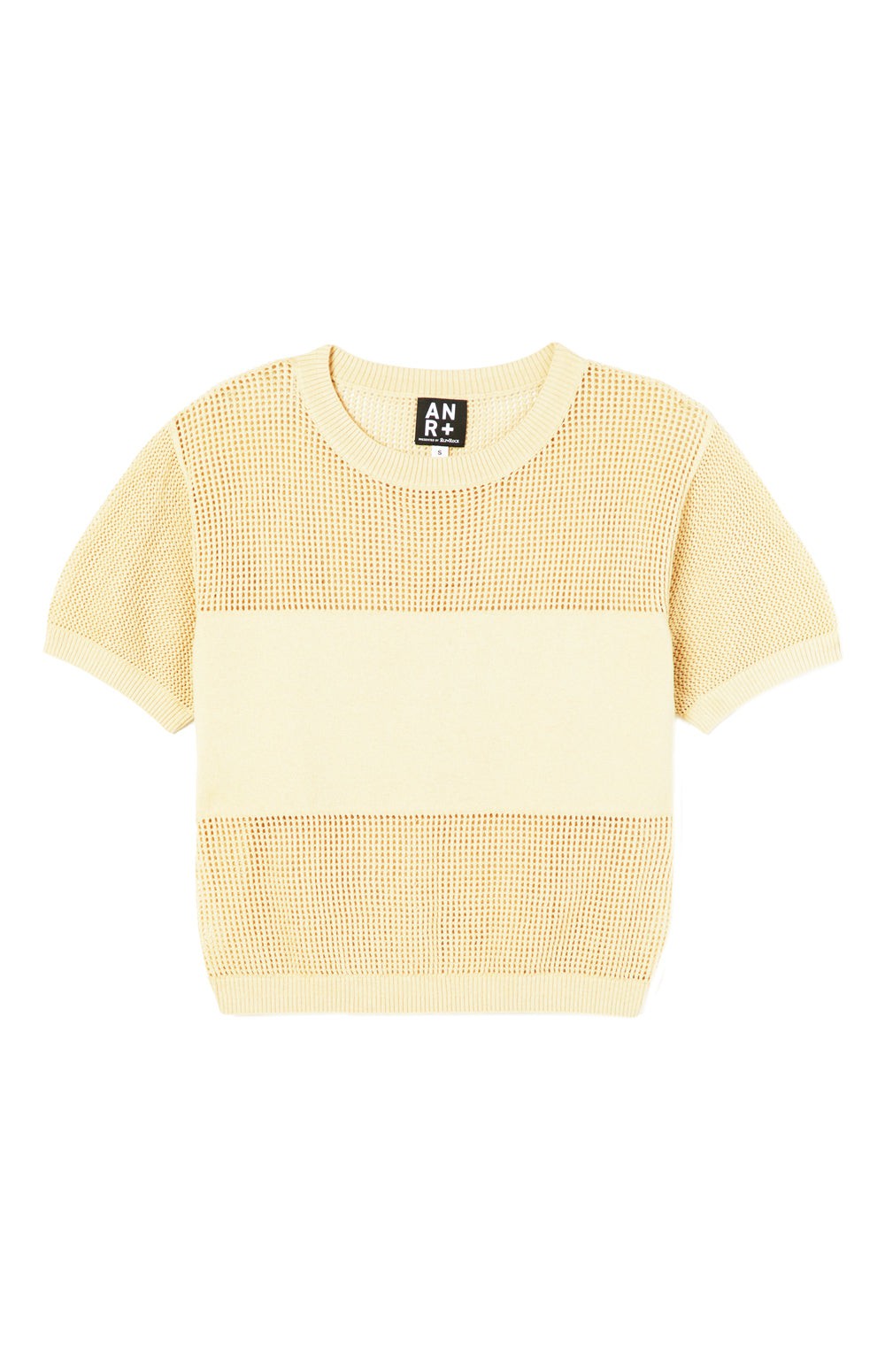 Alp N Rock Emma Top, Women's Yellow Short Sleeve Top with Solid Band Across the Chest and Open Knit Top and Bottom