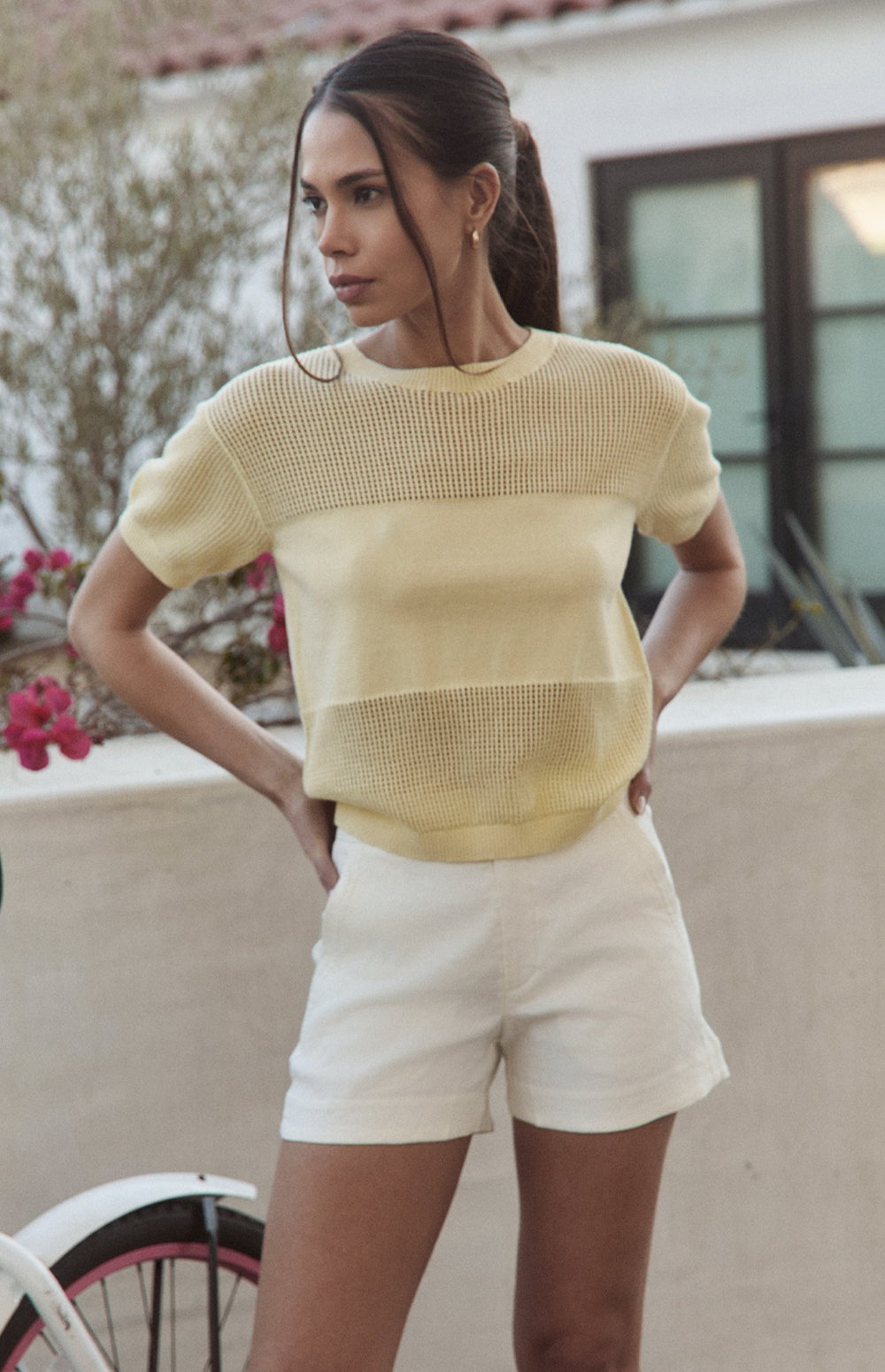 Alp N Rock Emma Top, Women's Yellow Short Sleeve Top with Solid Band Across the Chest and Open Knit Top and Bottom