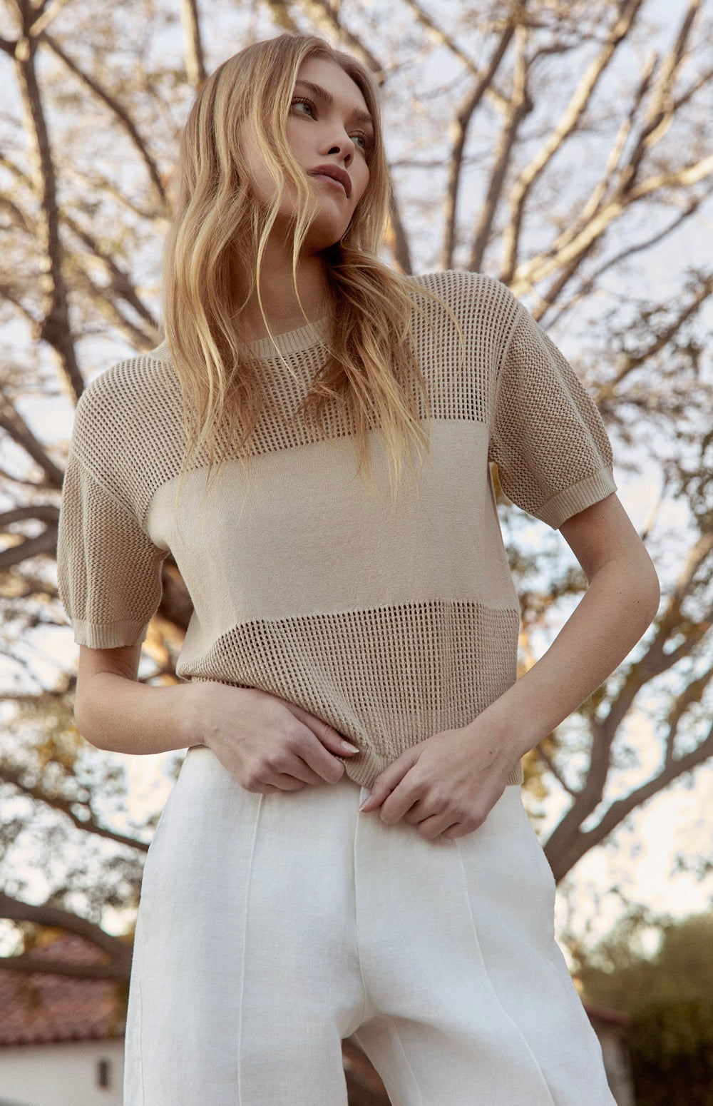 Alp N Rock Emma Top, Women's Beige Short Sleeve Top with Solid Band Across the Chest and Open Knit Top and Bottom