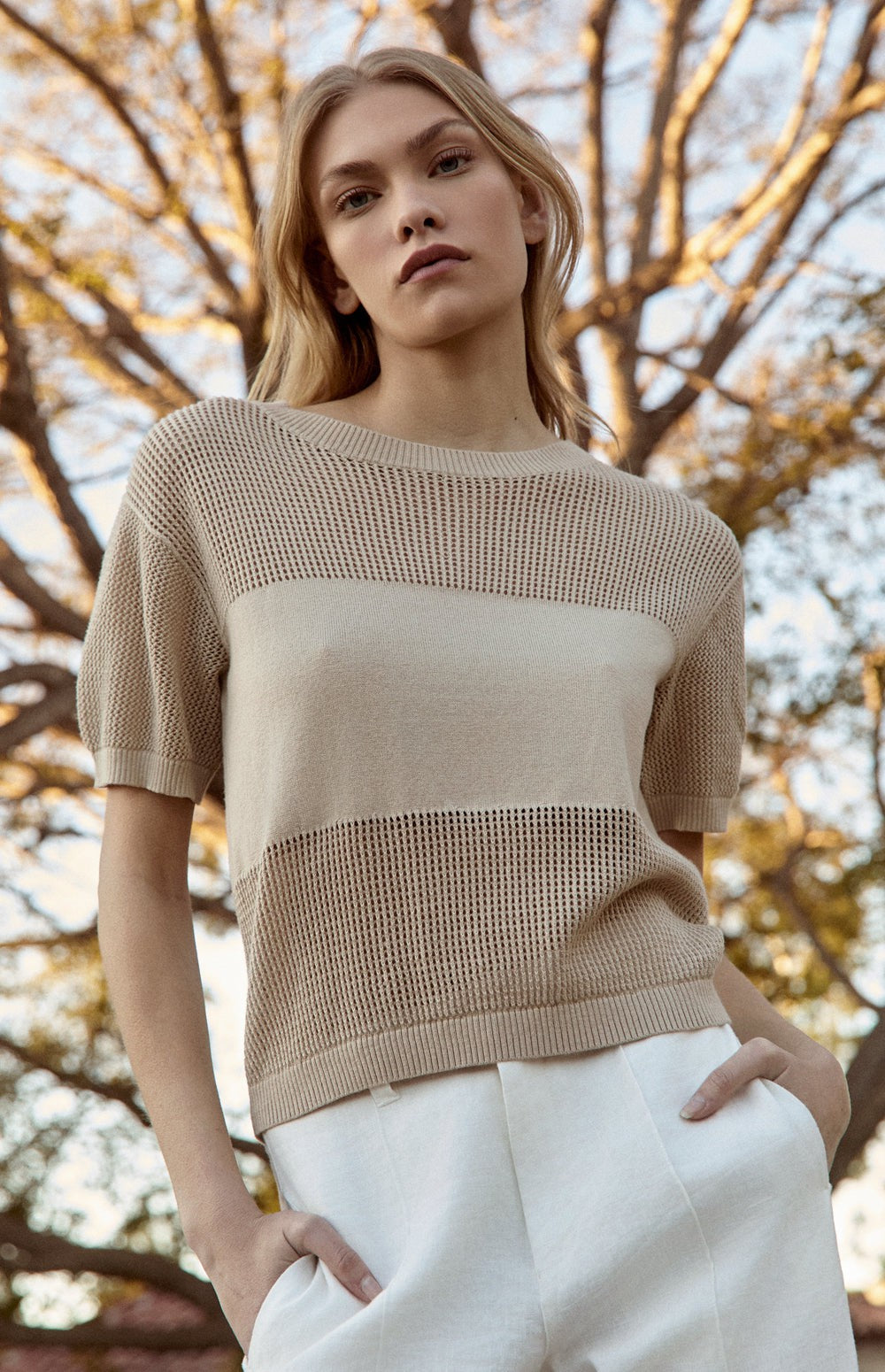 Alp N Rock Emma Top, Women's Beige Short Sleeve Top with Solid Band Across the Chest and Open Knit Top and Bottom