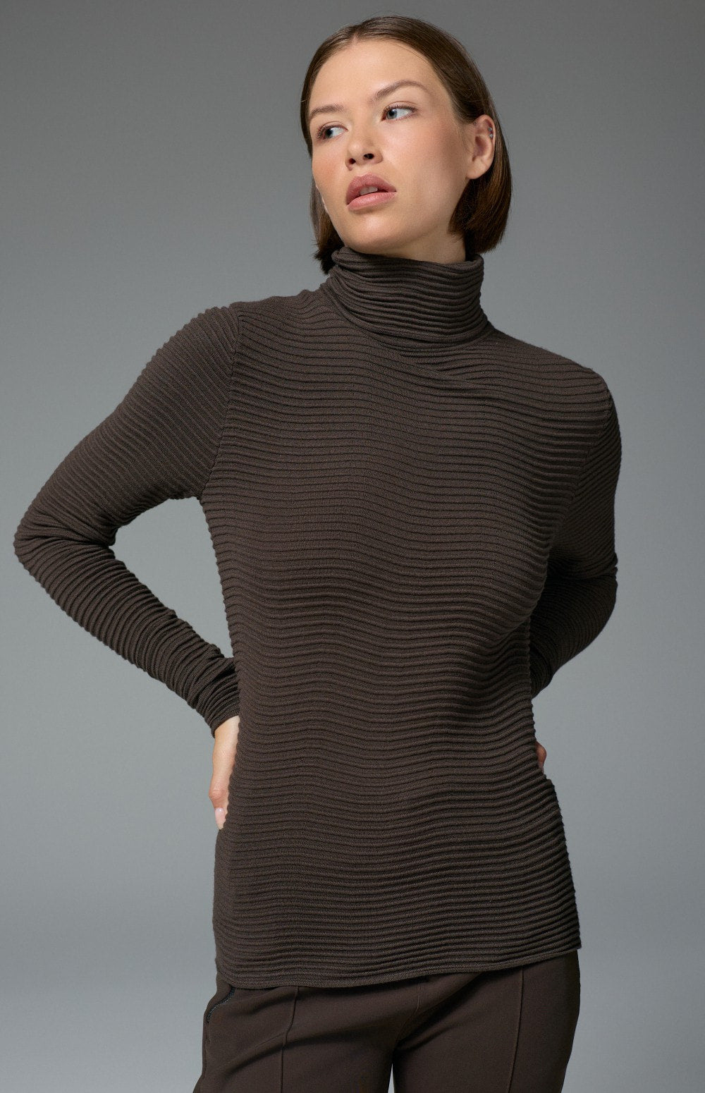 Enya Turtleneck Sweater by Alp N Rock, women's ribbed dark brown turtleneck