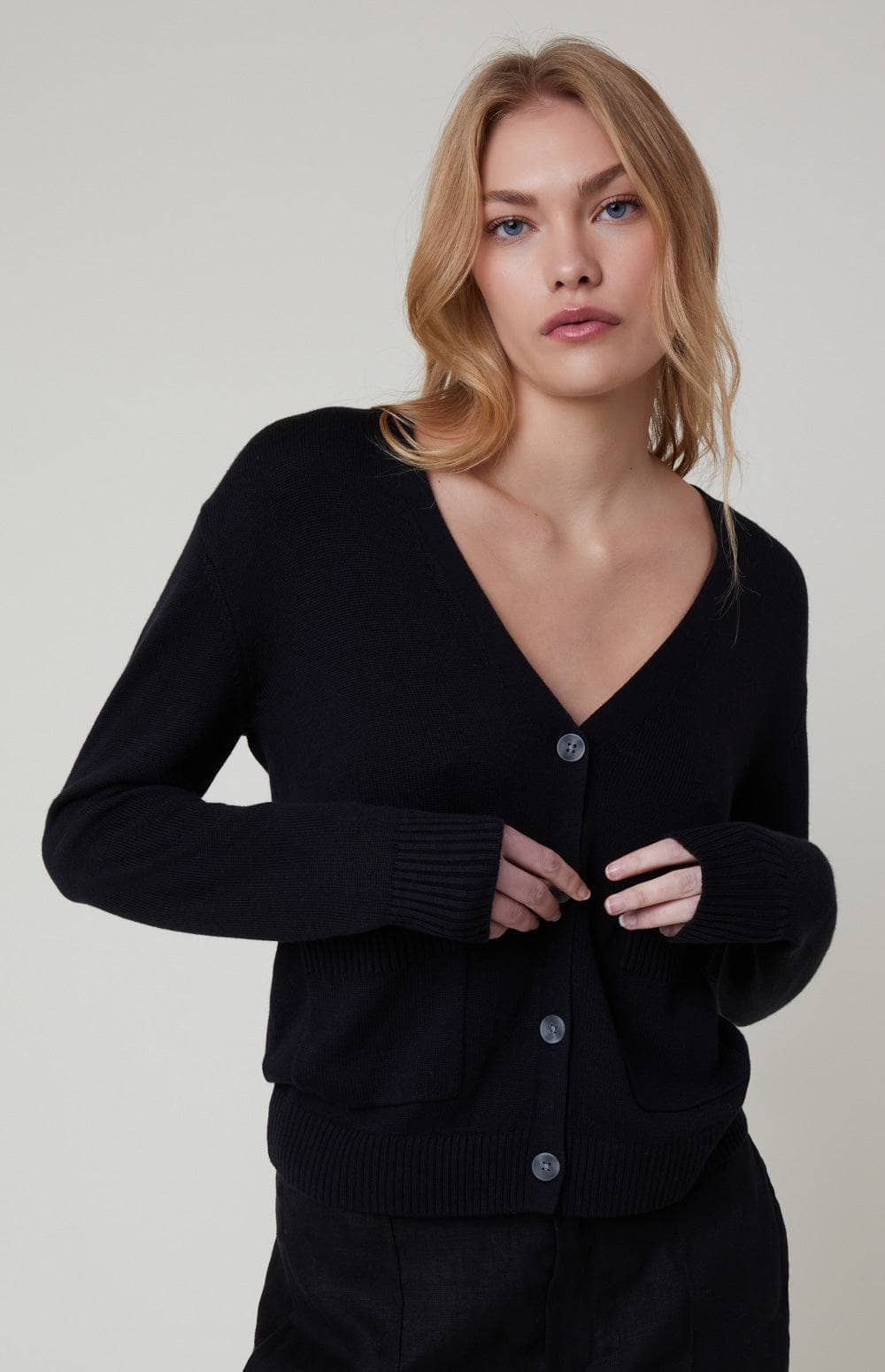 Florence Cardigan Sweater by Alp N Rock, Women's Black Lightweight Sweater with Button Front and Patch Pockets