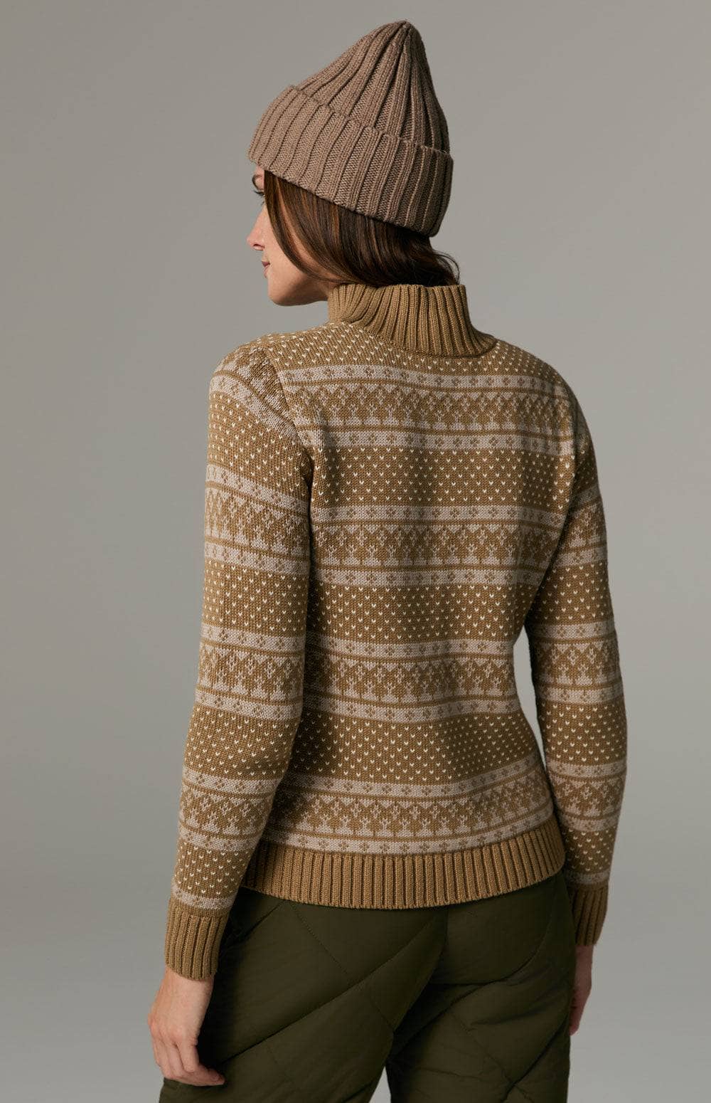 Gitte Mock Neck Sweater by Alp N Rock, Women's Dark Khaki Sweater with Snowflake on Front and Stripe Fair Isle Design