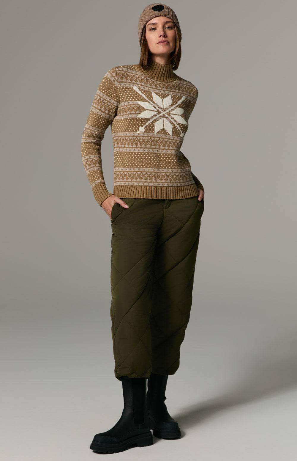Gitte Mock Neck Sweater by Alp N Rock, Women's Dark Khaki Sweater with Snowflake on Front and Stripe Fair Isle Design