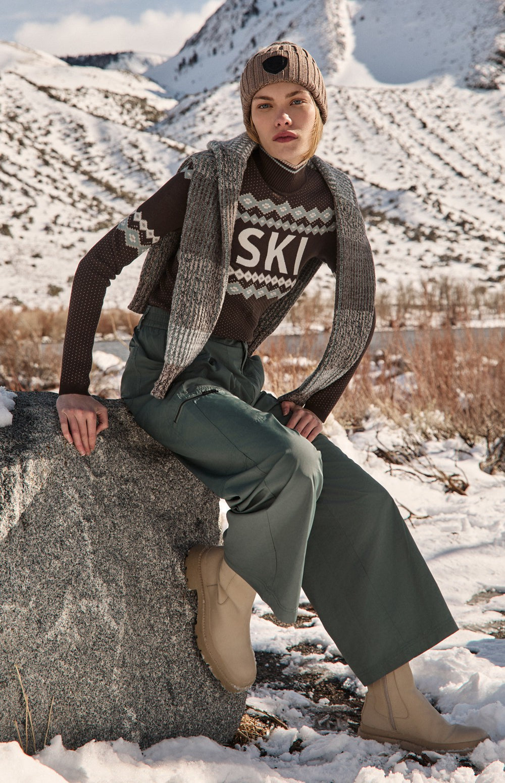 Alp N Rock Goldie Ski Sweater, dark brown ski sweater for women with Fair Isle pattern and ski lettering