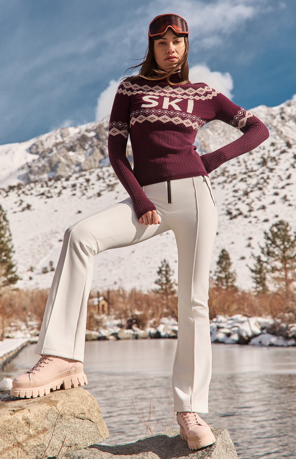 Alp N Rock Goldie Ski Sweater, dark cherry ski sweater for women with Fair Isle pattern and ski lettering
