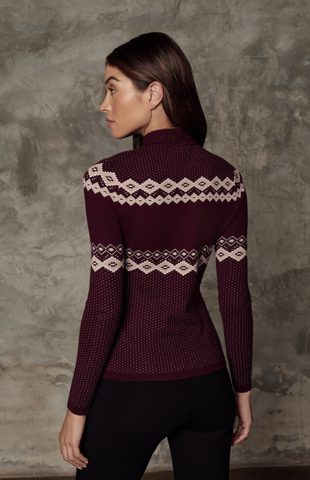 Alp N Rock Goldie Ski Sweater, dark cherry ski sweater for women with Fair Isle pattern and ski lettering