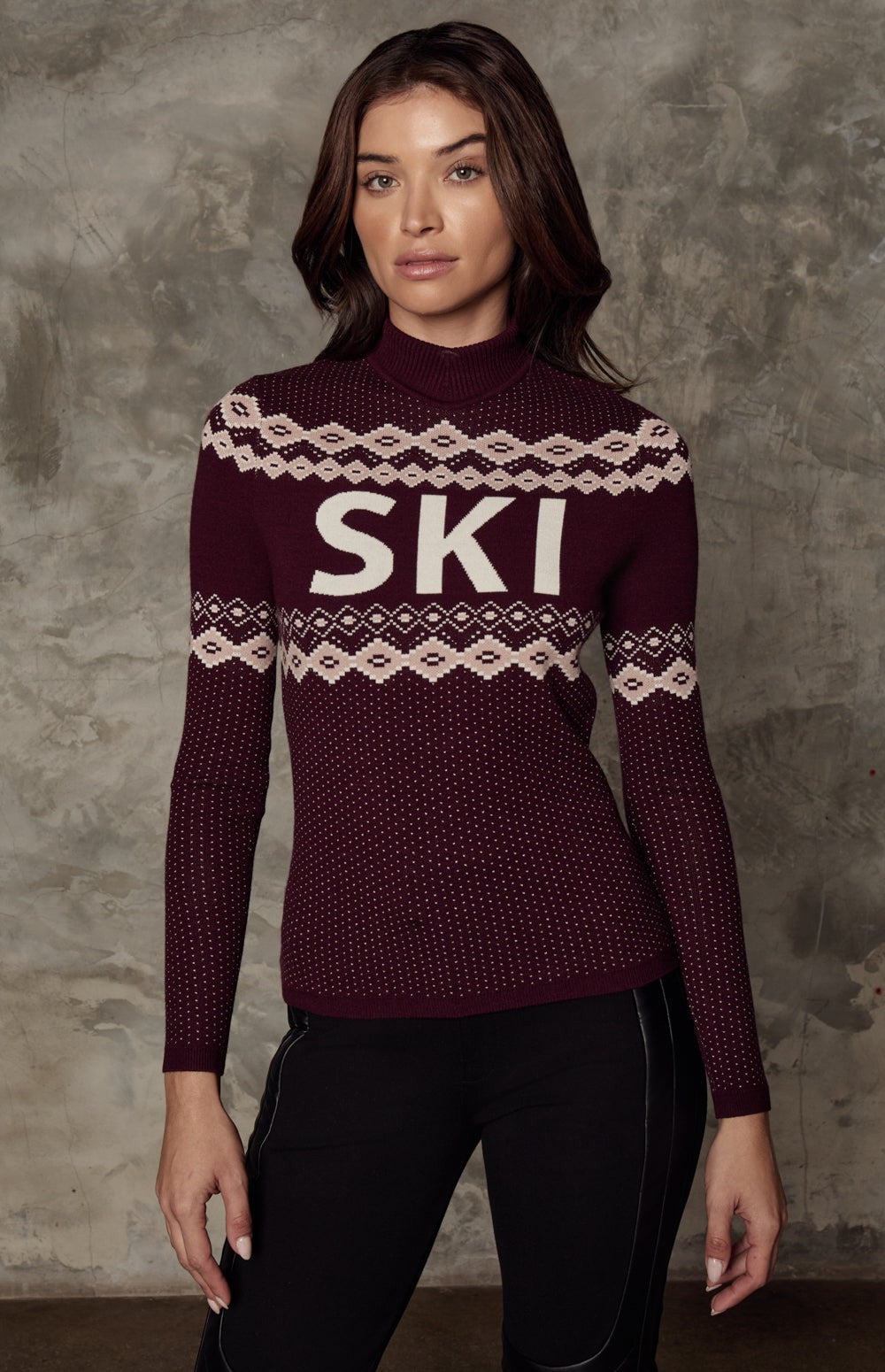 Alp N Rock Goldie Ski Sweater, dark cherry ski sweater for women with Fair Isle pattern and ski lettering