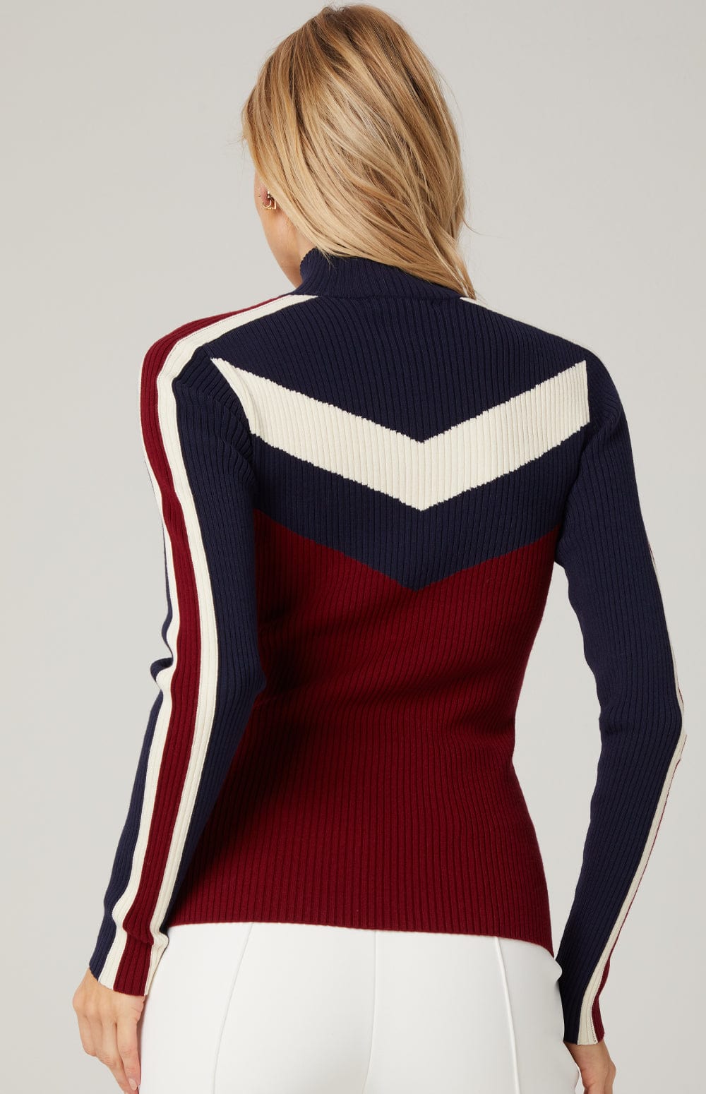 Heather Zip Sweater by Alp N Rock, Women's Red, Navy, and Ivory Striped Sweater with Half Zip Collar