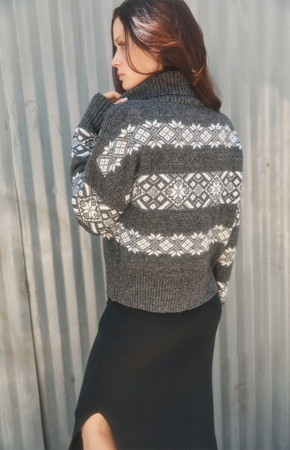 Alp N Rock Heidi Sweater, dark grey turtleneck ski sweater for women with white snowflake pattern