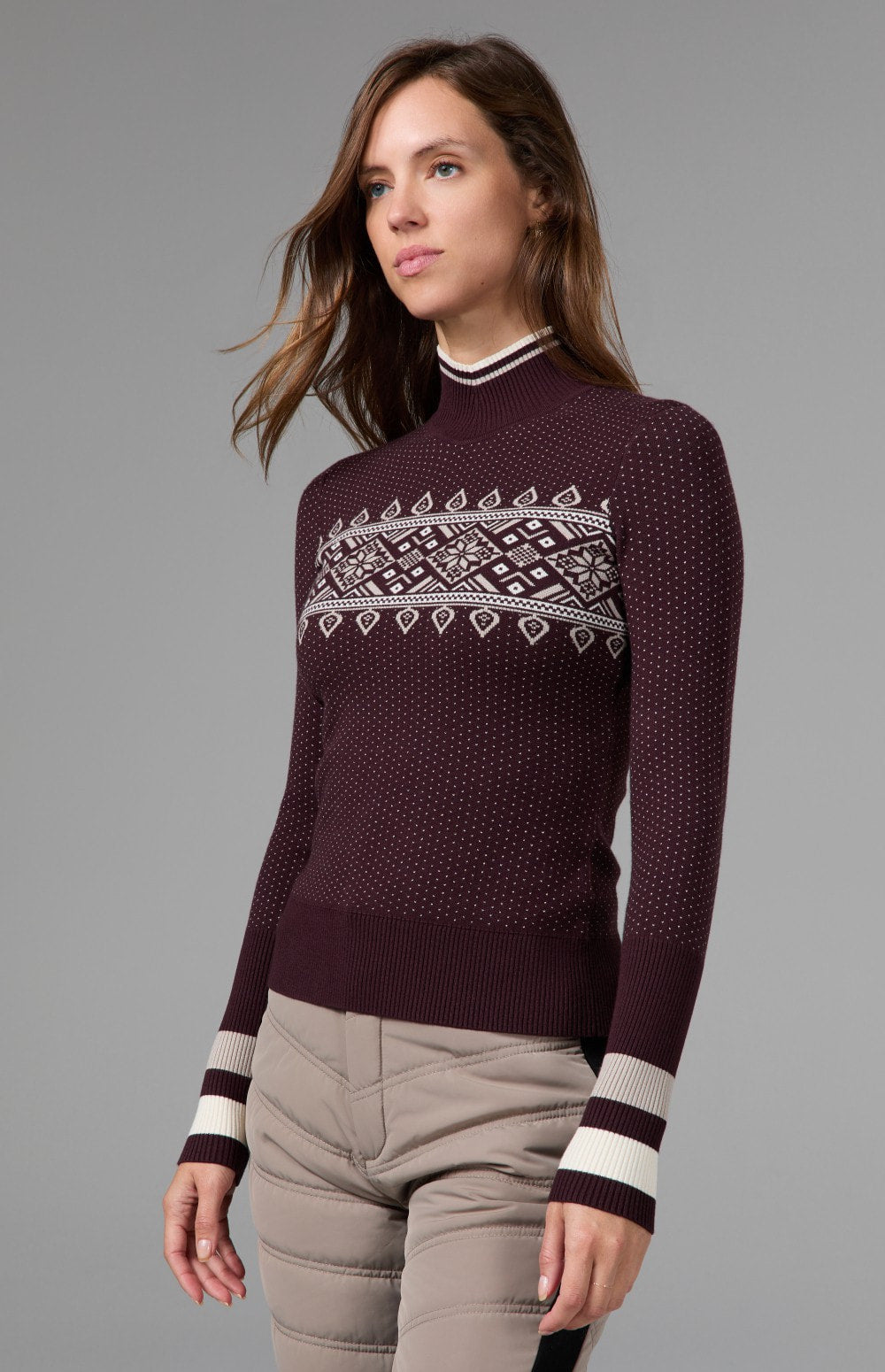Alp N Rock Holly Sweater, dark red mock neck ski sweater for women with snowflake and polka dot pattern