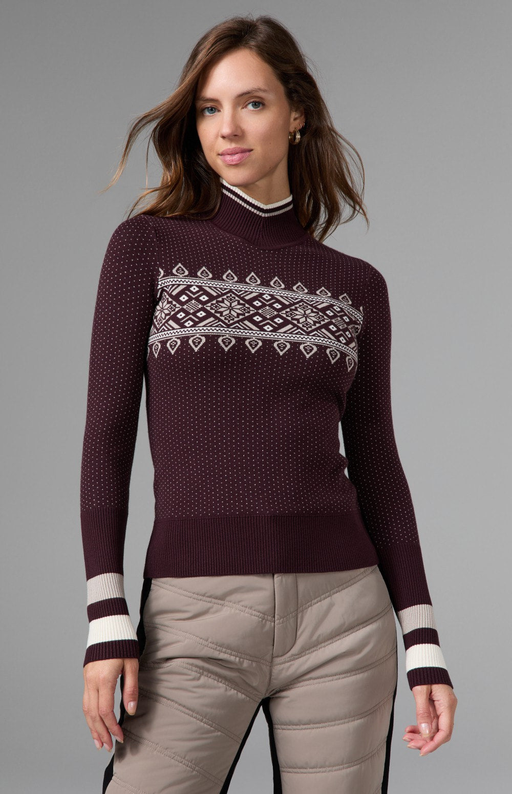 Alp N Rock Holly Sweater, dark red mock neck ski sweater for women with snowflake and polka dot pattern