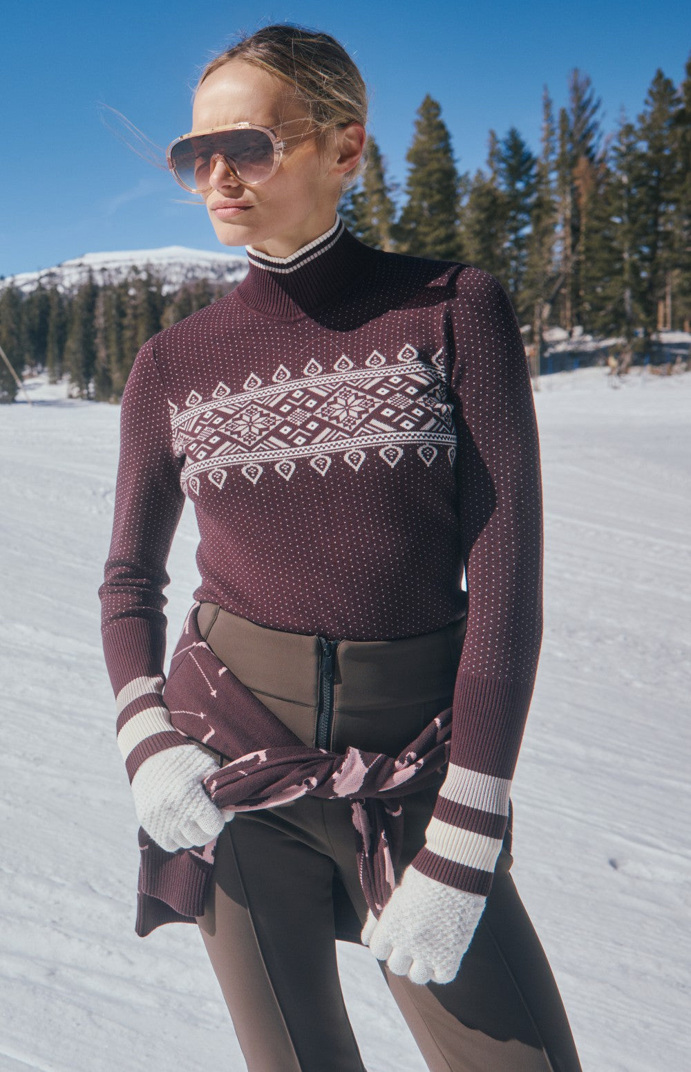Alp N Rock Holly Sweater, dark red mock neck ski sweater for women with snowflake and polka dot pattern