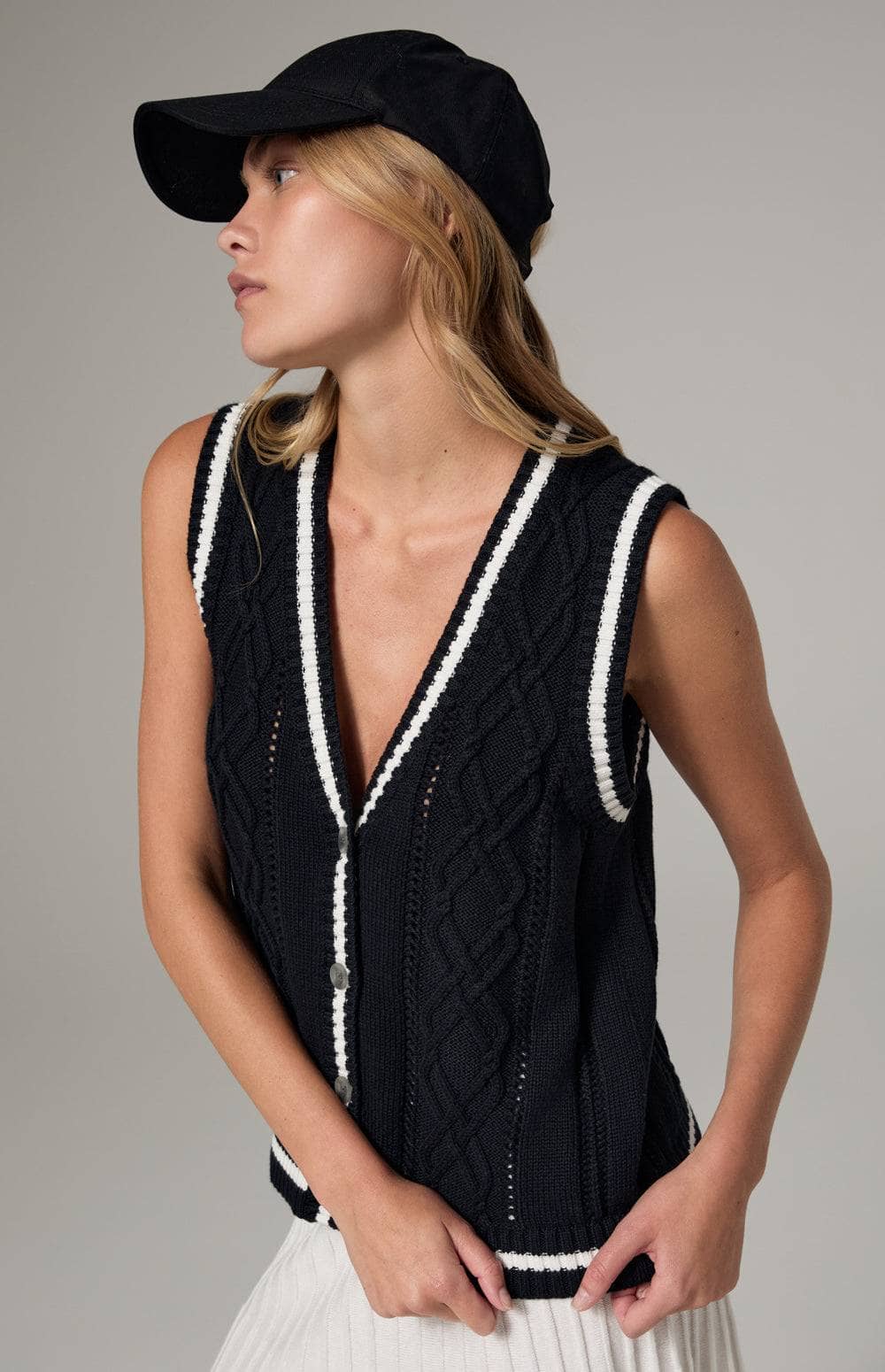 Alp N Rock Jade Vest, Women's Black Cable Knit Sweater Vest with White Border Stripe