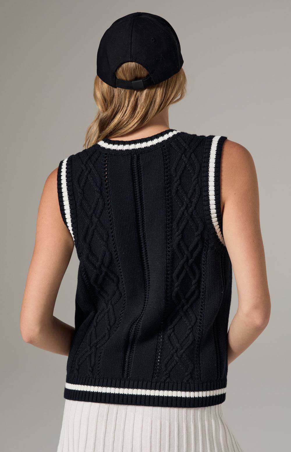 Alp N Rock Jade Vest, Women's Black Cable Knit Sweater Vest with White Border Stripe