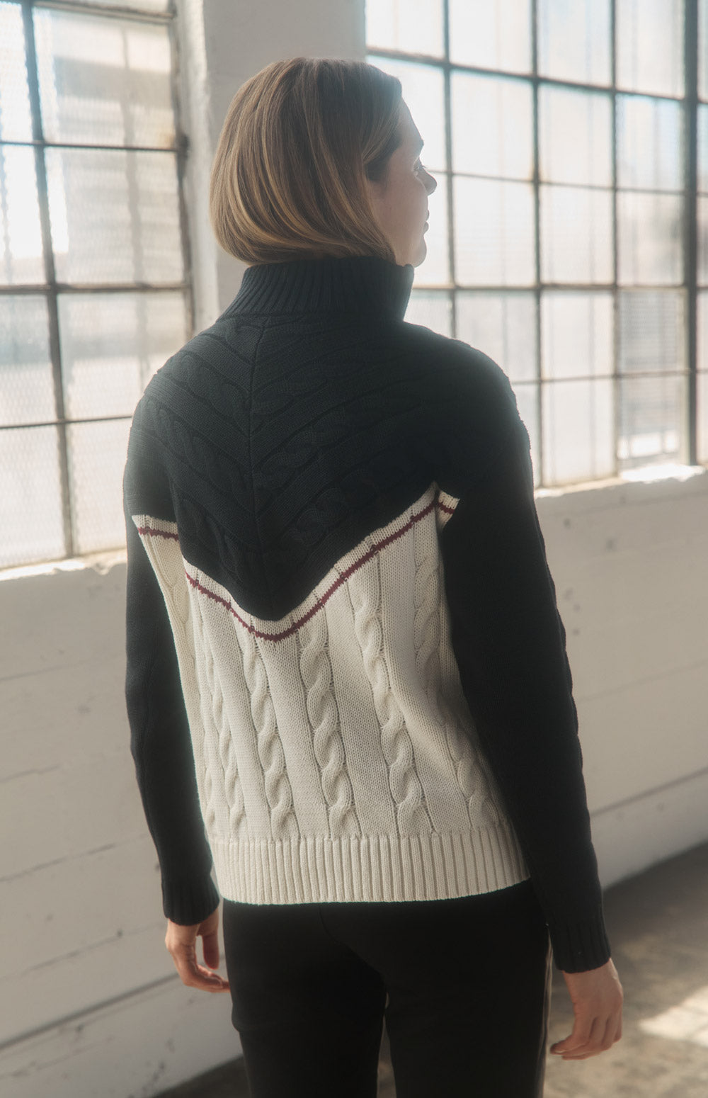 Alp N Rock Jordan Sweater, black and white oversized cable knit sweater with half zip for women