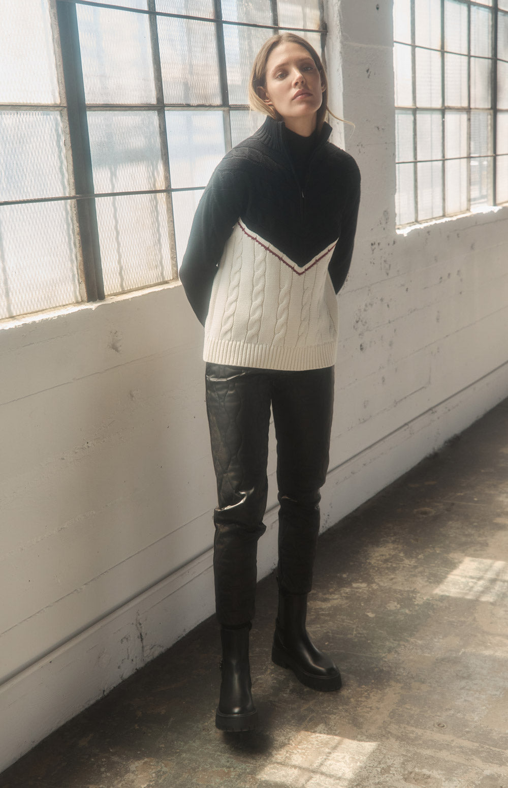 Alp N Rock Jordan Sweater, black and white oversized cable knit sweater with half zip for women