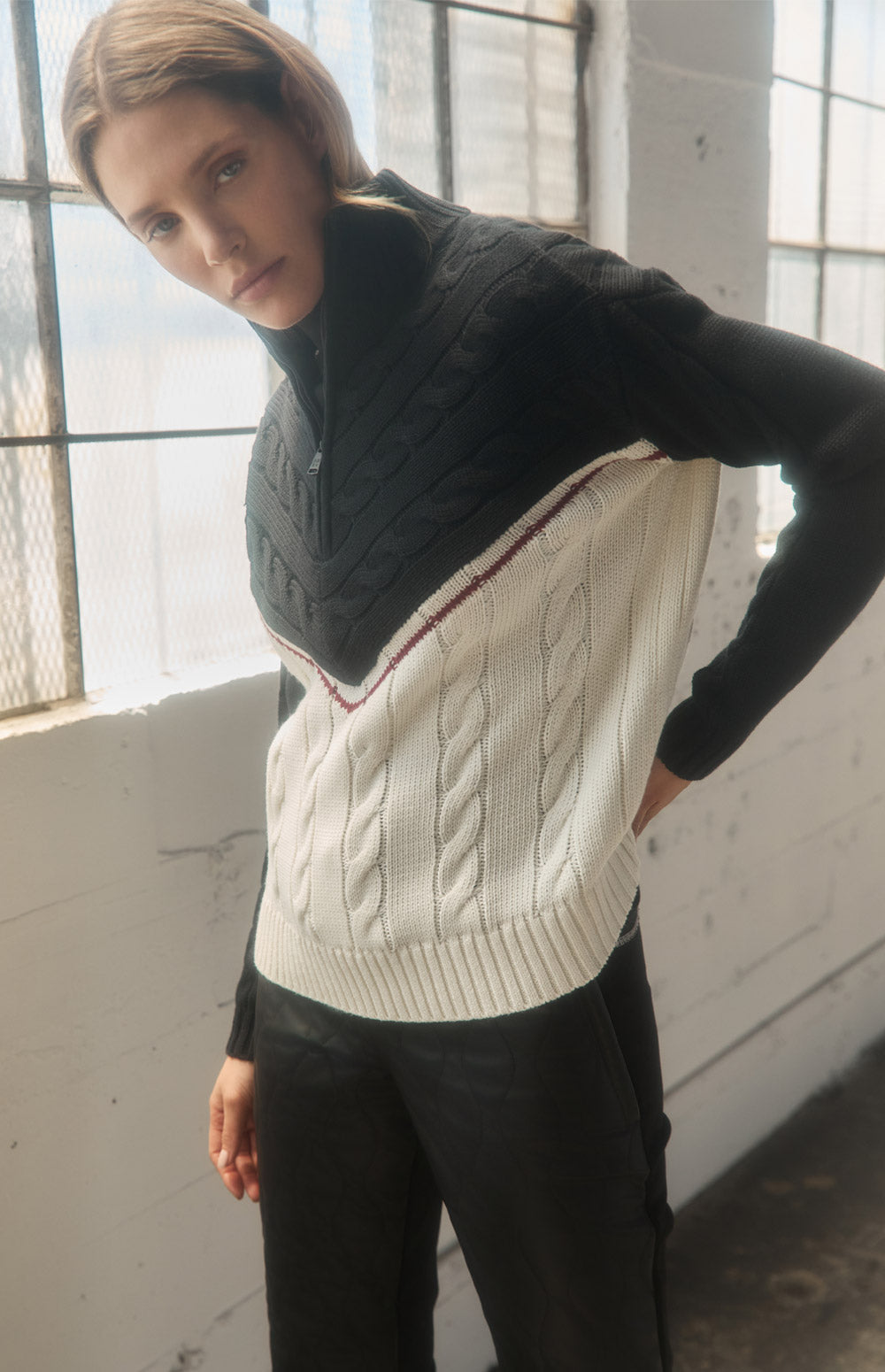 Alp N Rock Jordan Sweater, black and white oversized cable knit sweater with half zip for women