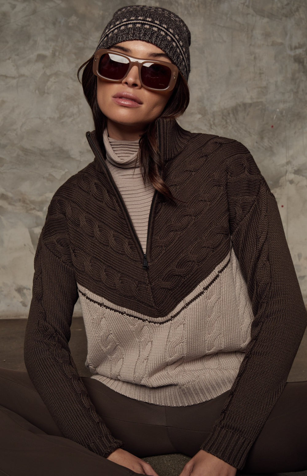 Alp N Rock Jordan Sweater, dark brown and light brown oversized cable knit sweater with half zip for women