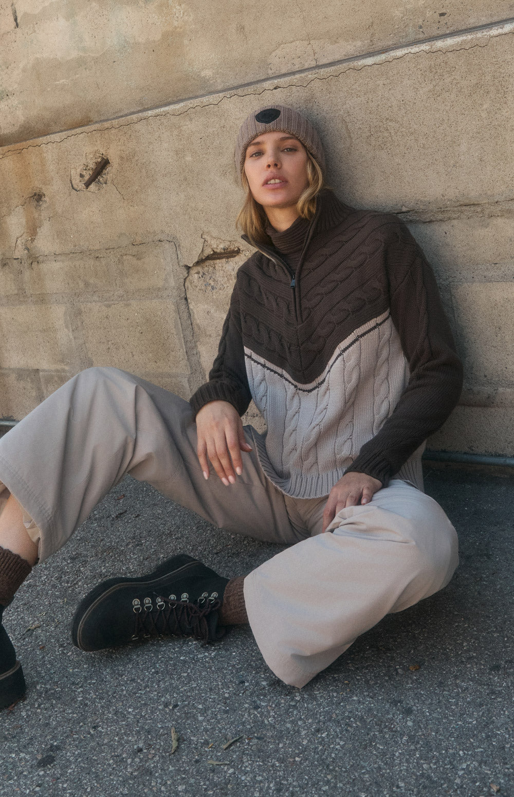 Alp N Rock Jordan Sweater, dark brown and light brown oversized cable knit sweater with half zip for women