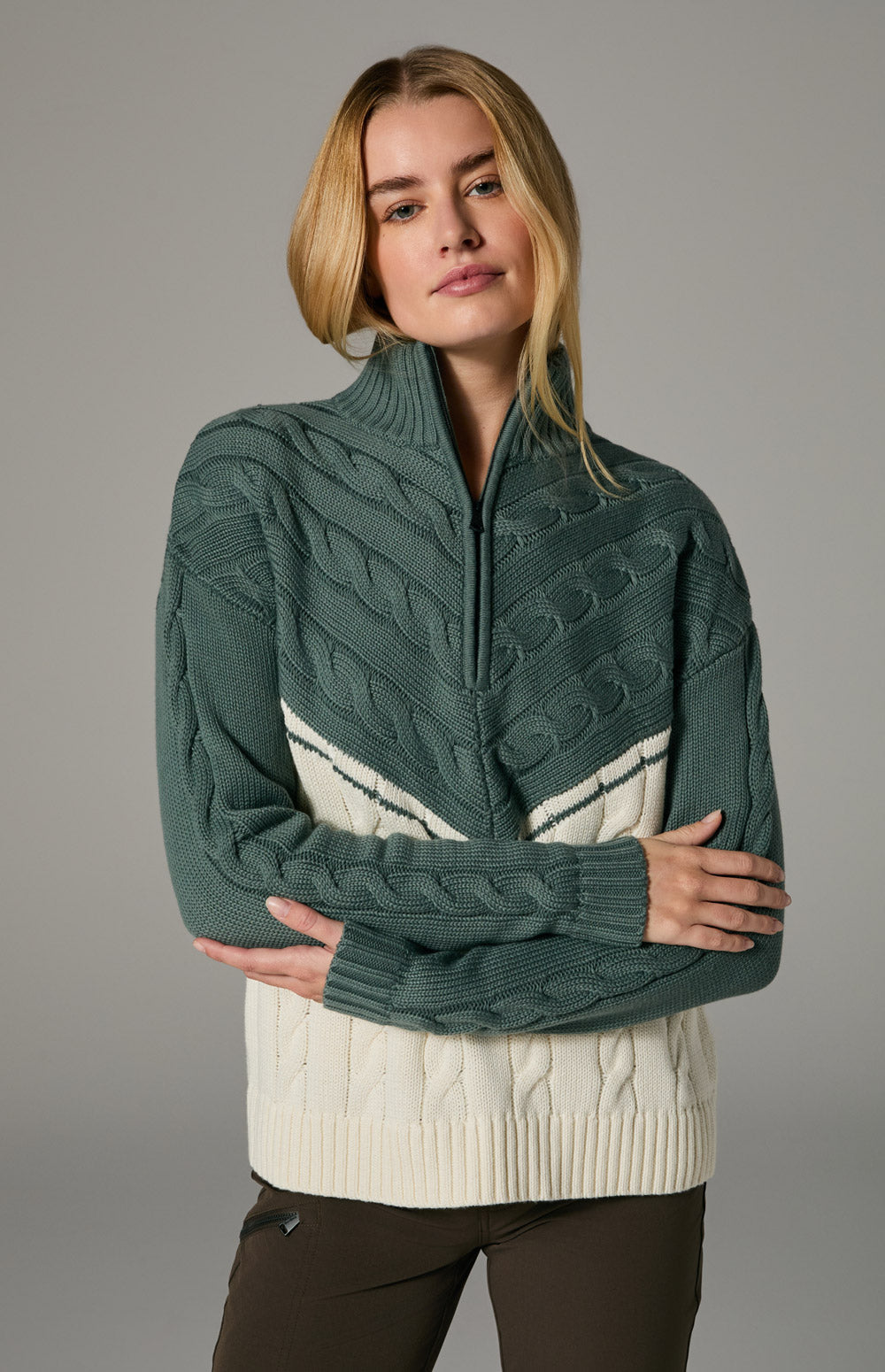 Alp N Rock Jordan Sweater, green and white oversized cable knit sweater with half zip for women