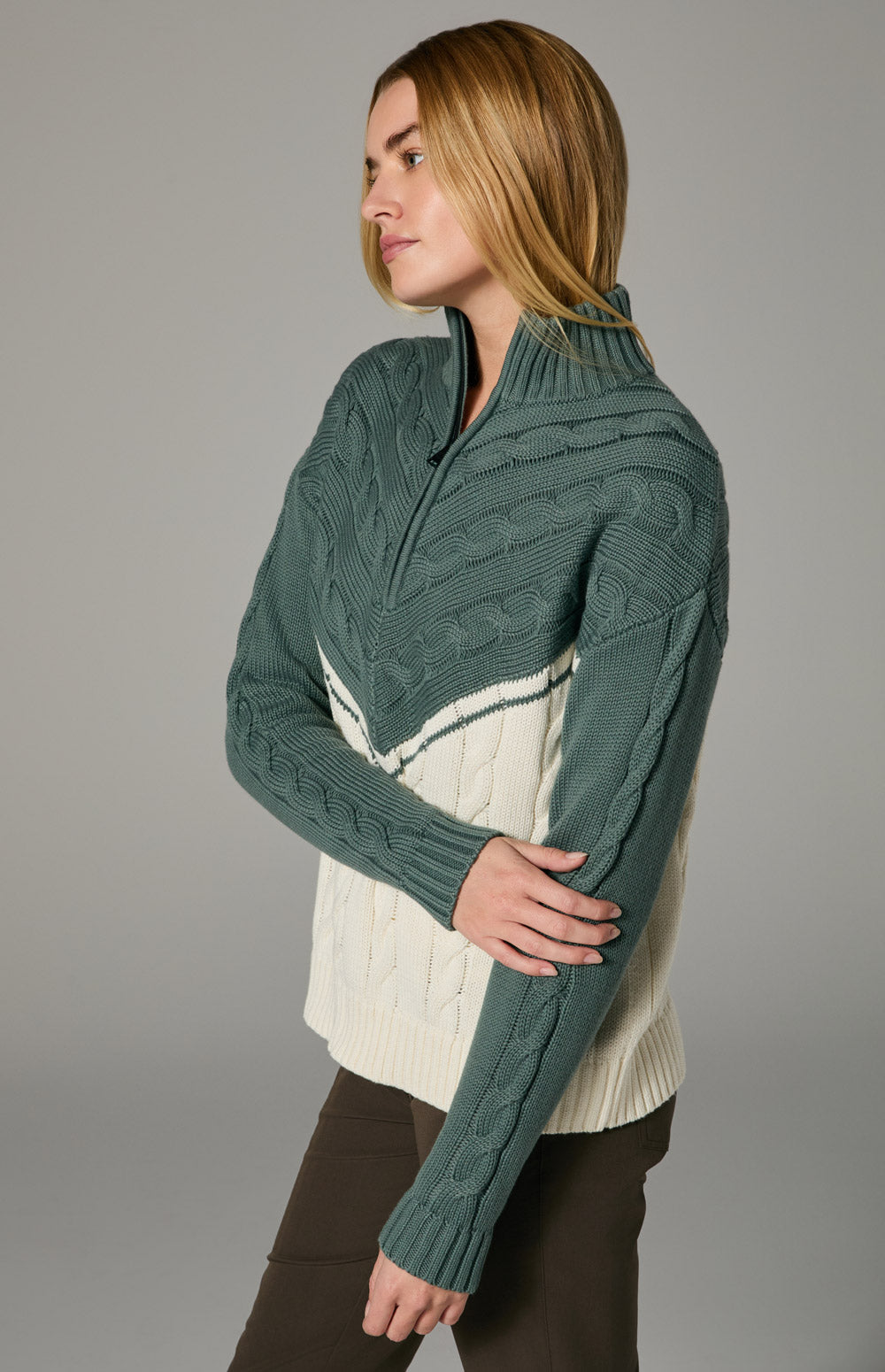Alp N Rock Jordan Sweater, green and white oversized cable knit sweater with half zip for women