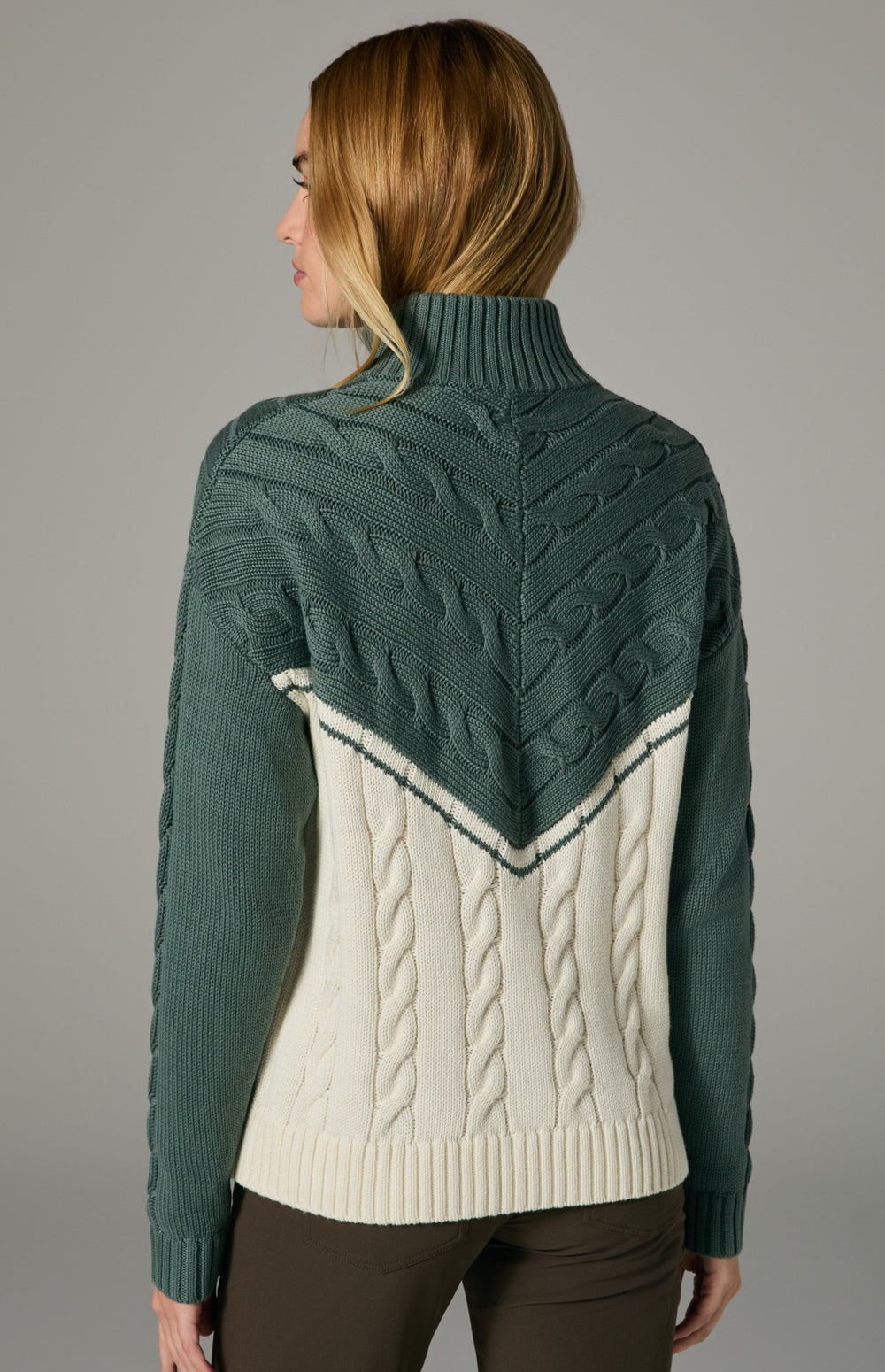 Alp N Rock Jordan Sweater, green and white oversized cable knit sweater with half zip for women