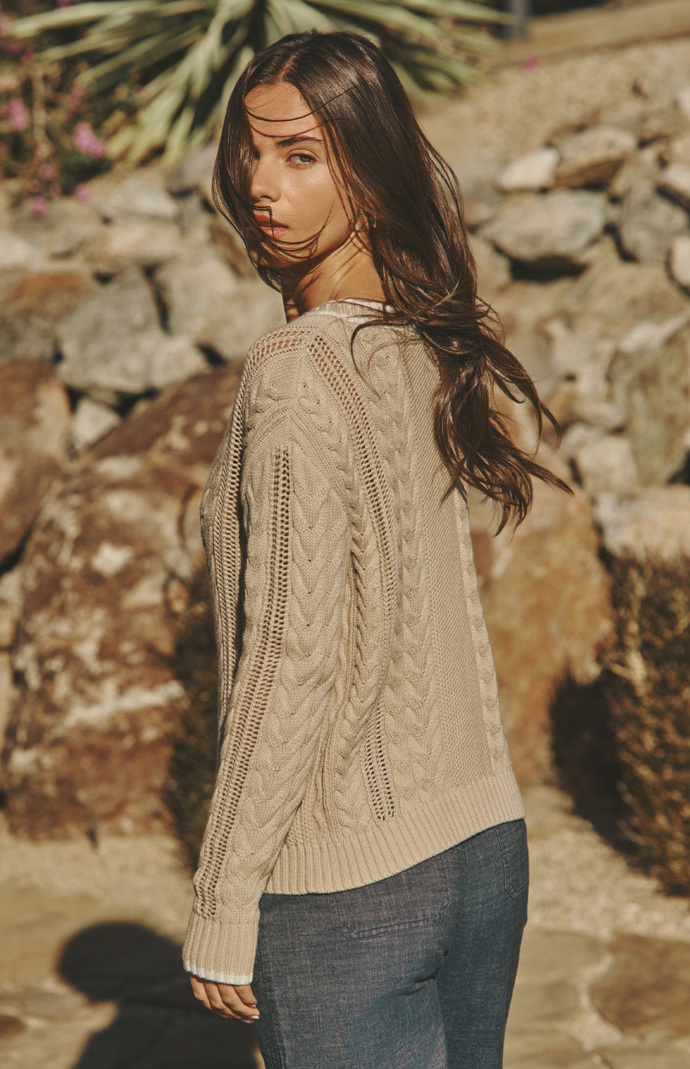 Alp N Rock Josilyn Cardigan, tan button front cotton cable knit cardigan for women