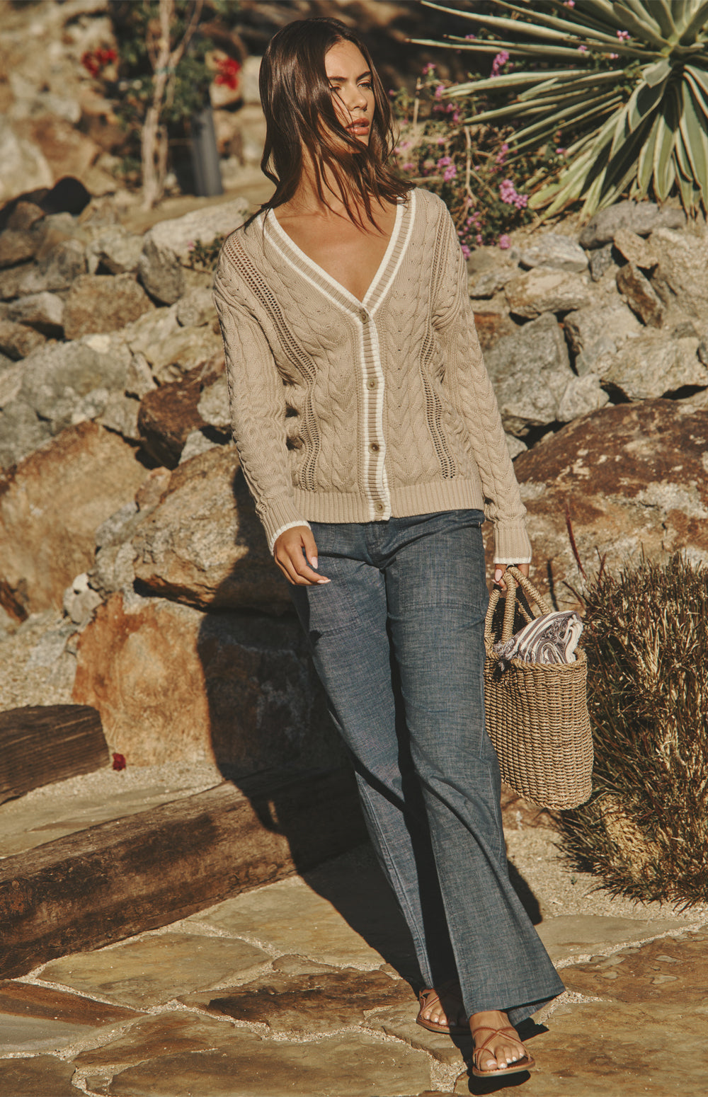 Alp N Rock Josilyn Cardigan, tan button front cotton cable knit cardigan for women