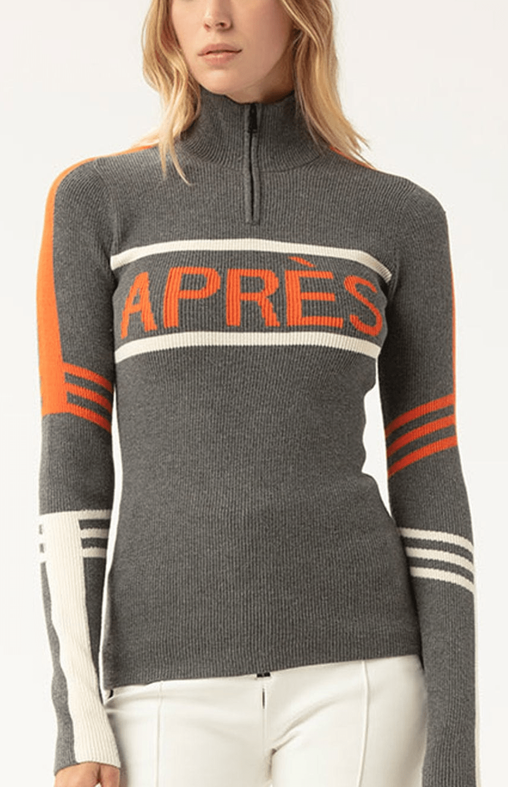 Alp N Rock Kate 1/2 Zip, Women's Heather Grey Half Zip Ribbed Ski Sweater with Stripes and White Après Lettering