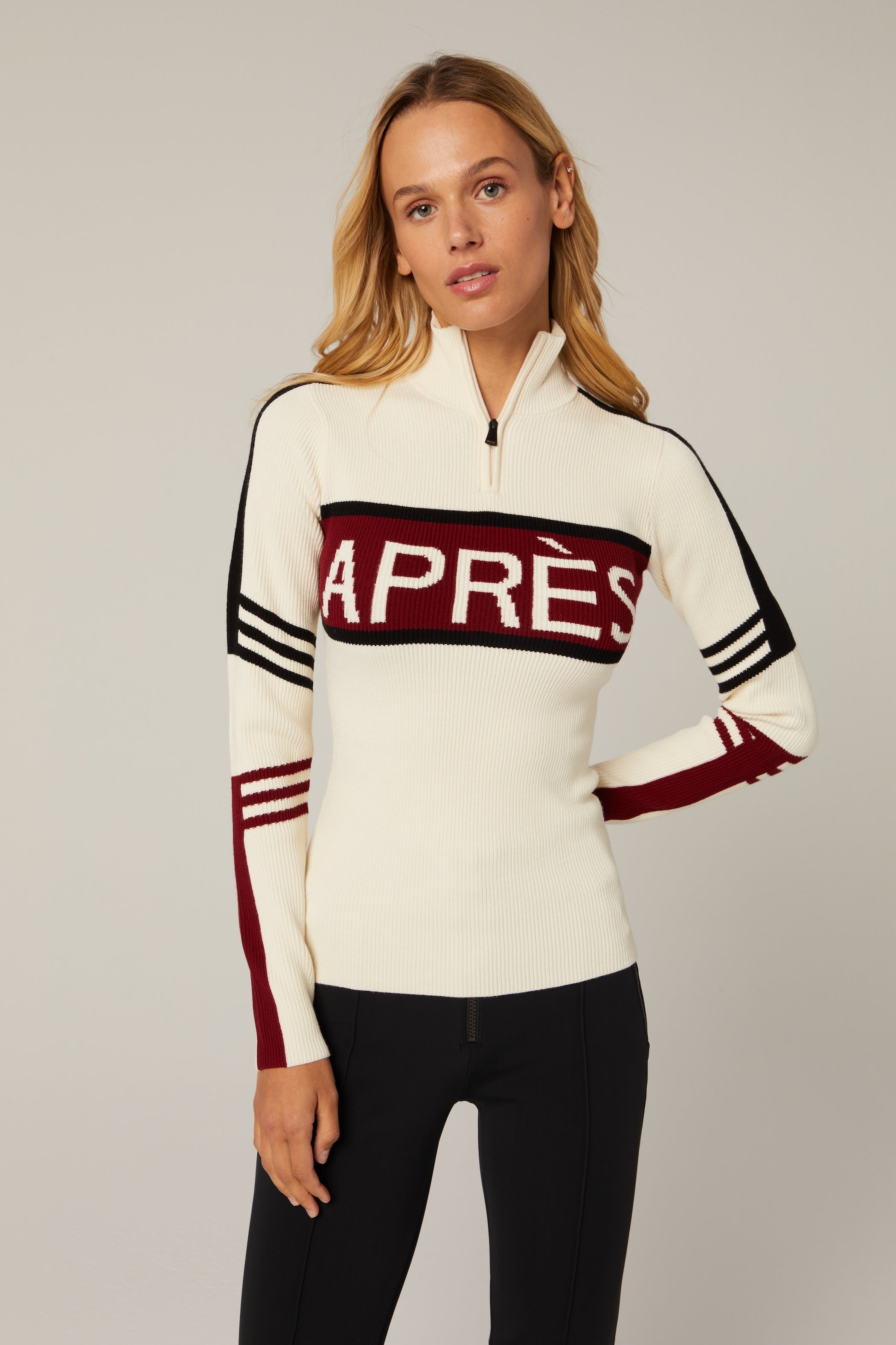 Alp N Rock Kate Apres Ski Sweater, ivory ribbed half zip ski sweater for women with black and red apres lettering