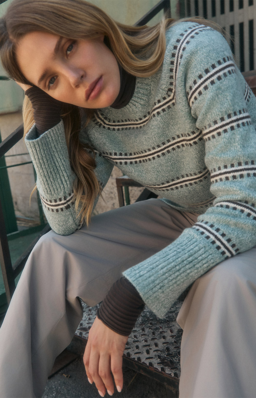 Alp N Rock Kelly Sweater, light blue striped cozy crew neck sweater for women