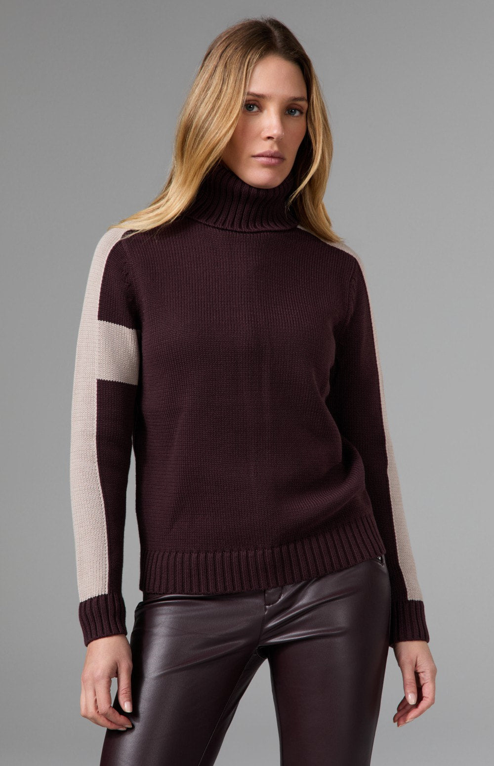 Alp N Rock Killian II Sweater, women's dark red turtleneck sweater with ivory cross and stripe details