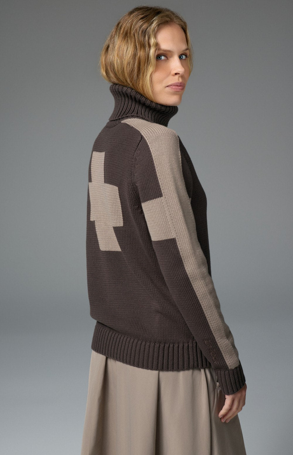 Killian II Sweater by Alp N Rock, Women's dark brown Turtleneck Sweater with taupe Stripes On the Arm and taupe Cross on Back