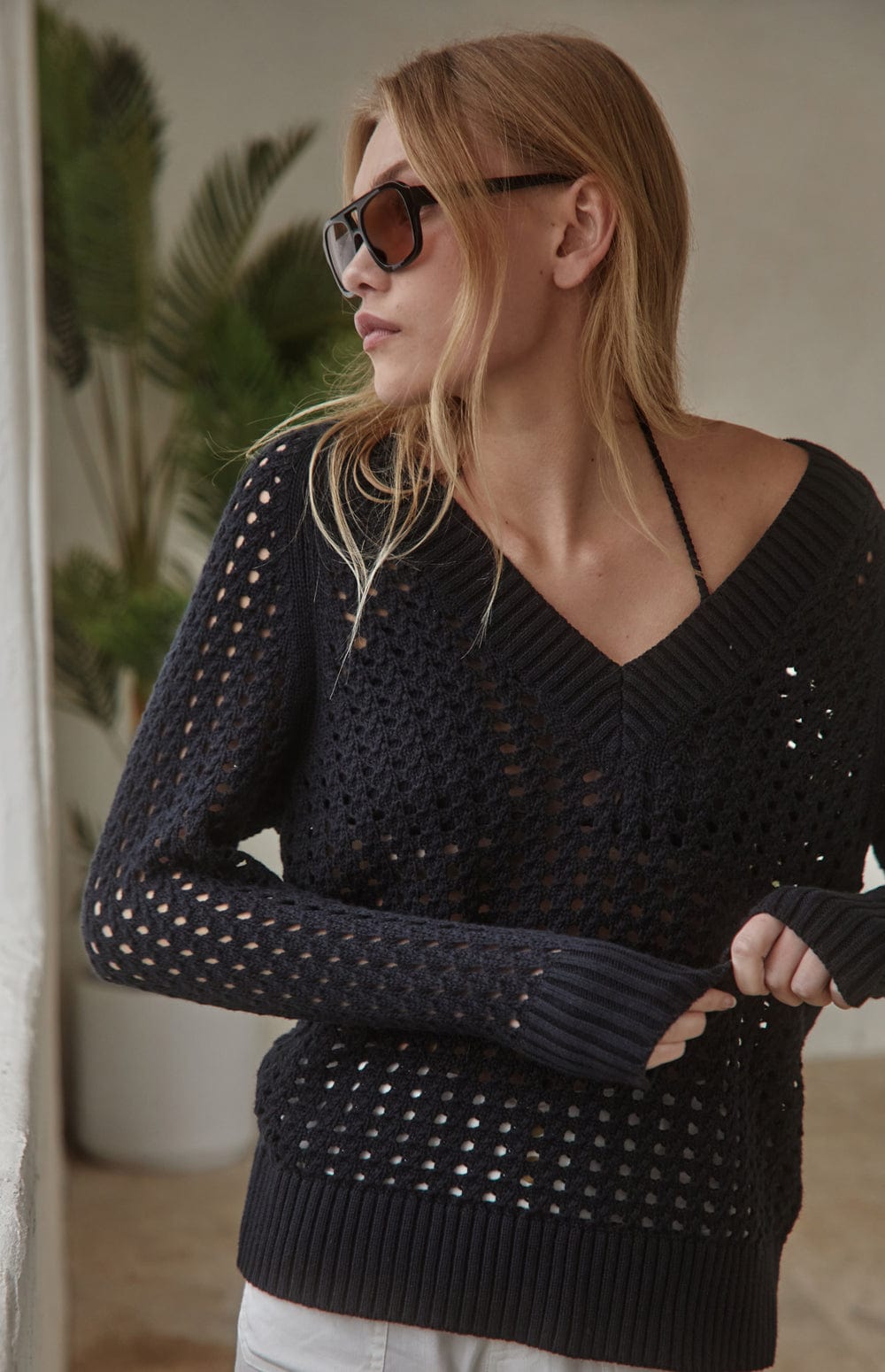 Kinna Cable Knit Sweater by Alp N Rock, Women's Black V Neck Open Weave Knit Sweater