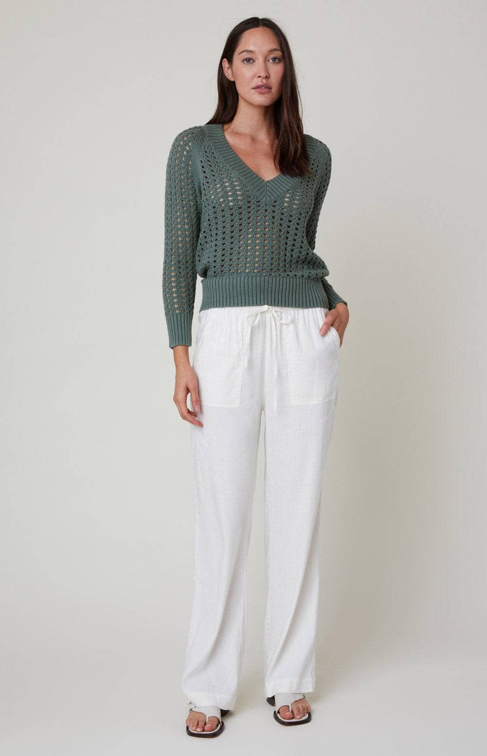 Kinna Cable Knit Sweater by Alp N Rock, Women's Green V Neck Open Weave Knit Sweater