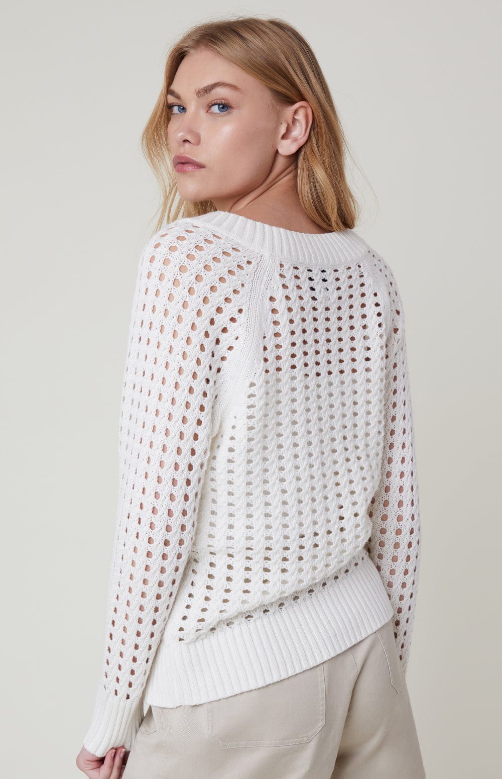 Kinna Cable Knit Sweater by Alp N Rock, Women's White V Neck Open Weave Knit Sweater