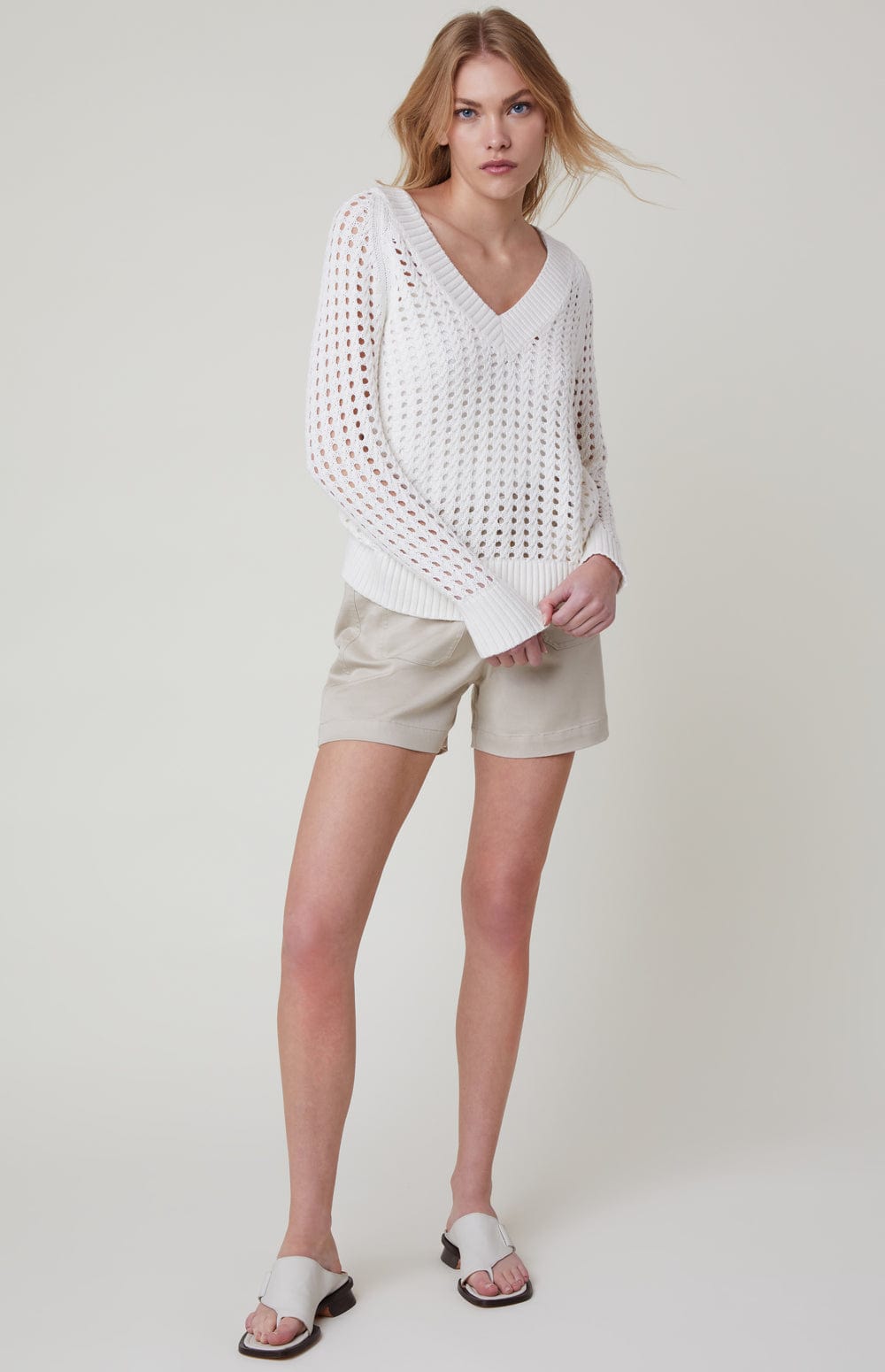 Kinna Cable Knit Sweater by Alp N Rock, Women's White V Neck Open Weave Knit Sweater