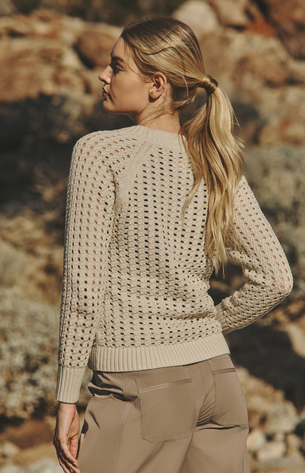 Alp N Rock Kinna Sweater, beige open weave v neck sweater for women