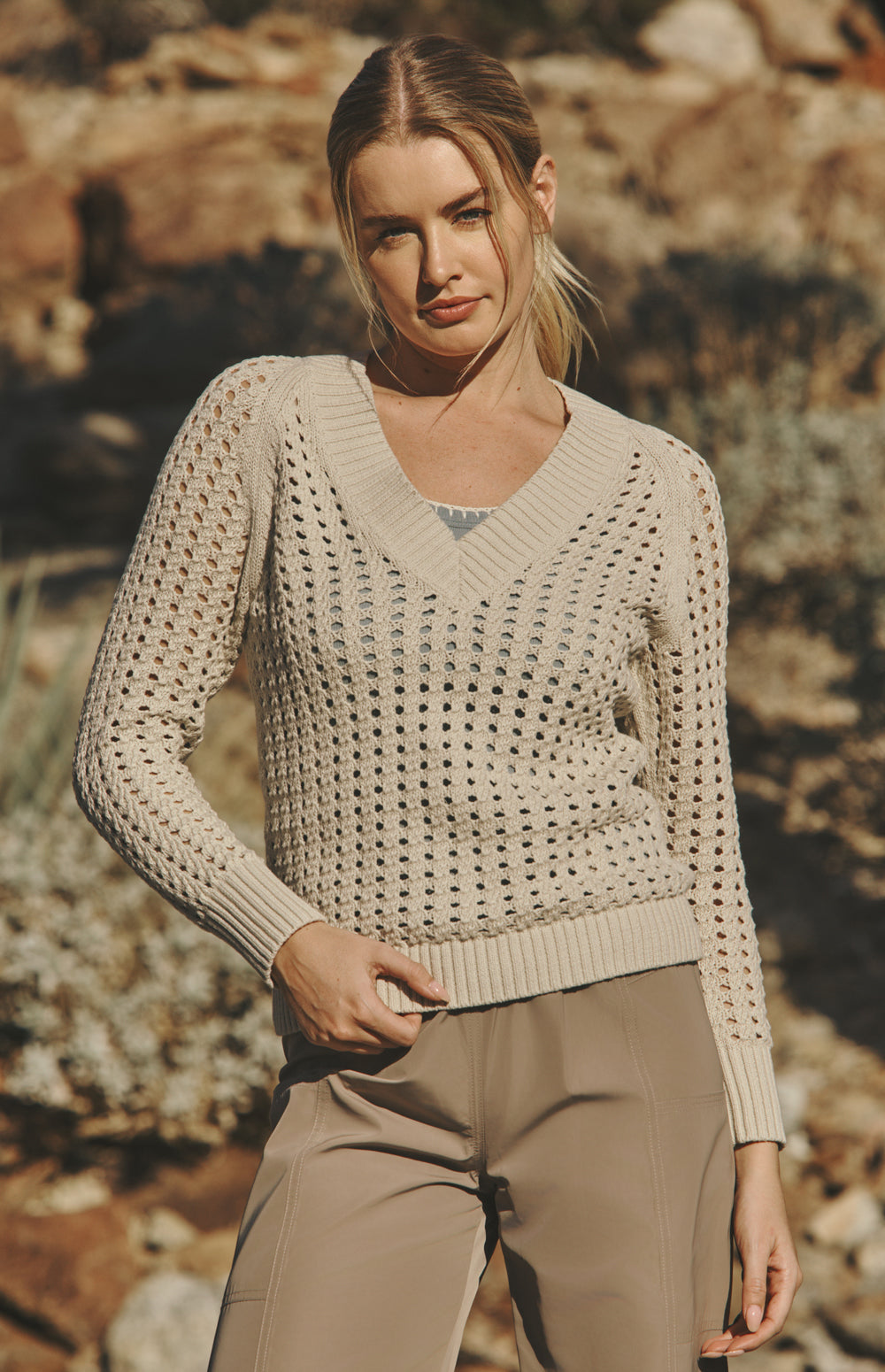 Alp N Rock Kinna Sweater, beige open weave v neck sweater for women