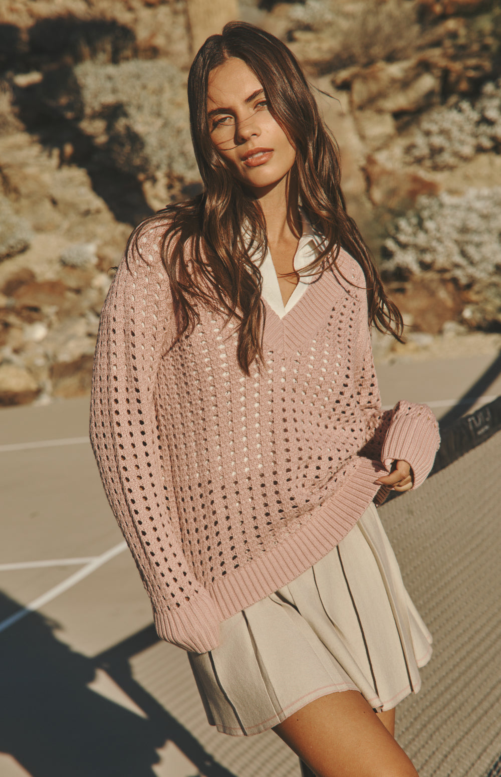 Alp N Rock Kinna Sweater, rose pink open weave v neck sweater for women