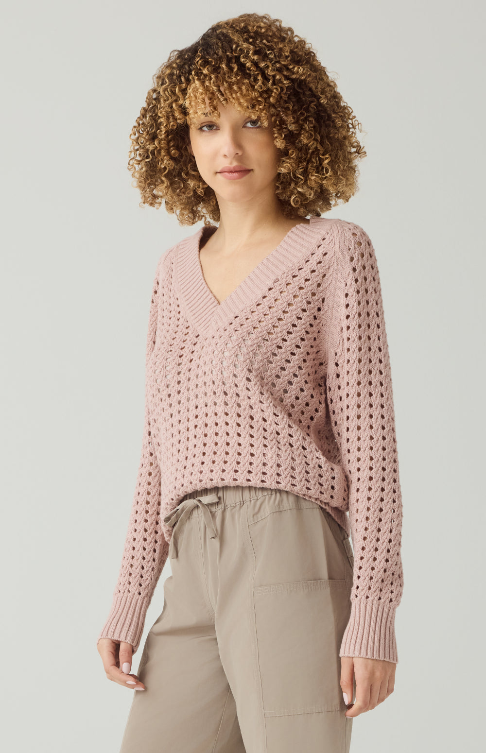 Alp N Rock Kinna Sweater, rose pink open weave v neck sweater for women