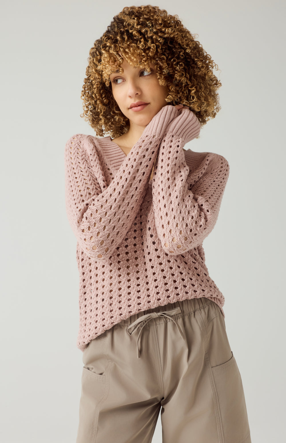 Alp N Rock Kinna Sweater, rose pink open weave v neck sweater for women