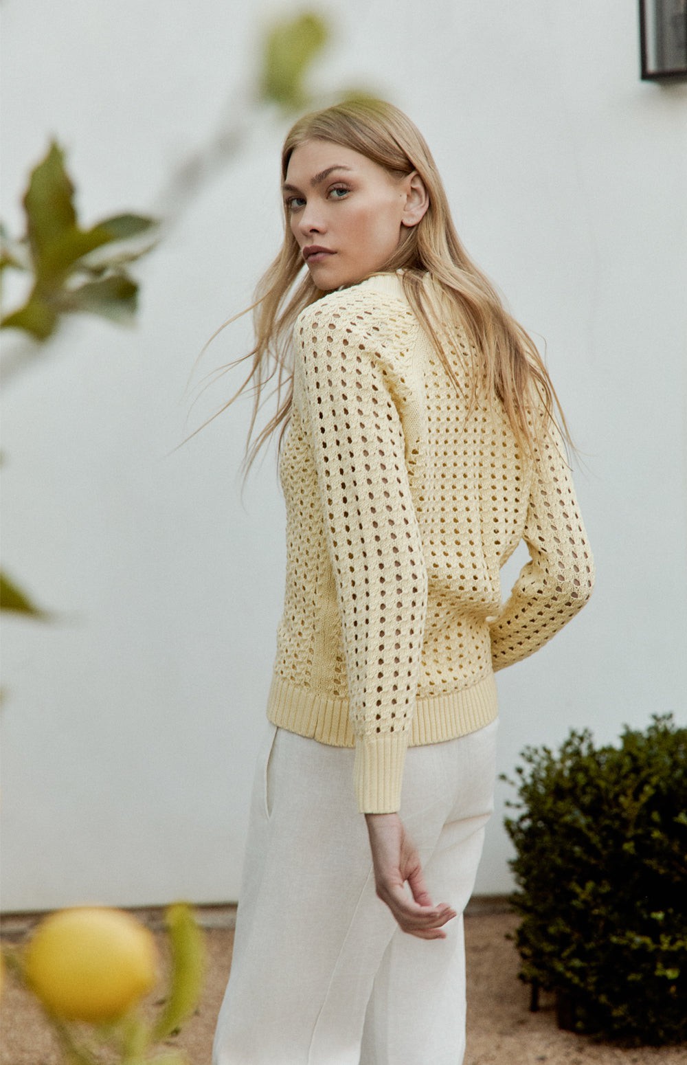 Alp N Rock Kinna Cable Knit Sweater, Women's Yellow V Neck Open Weave Sweater