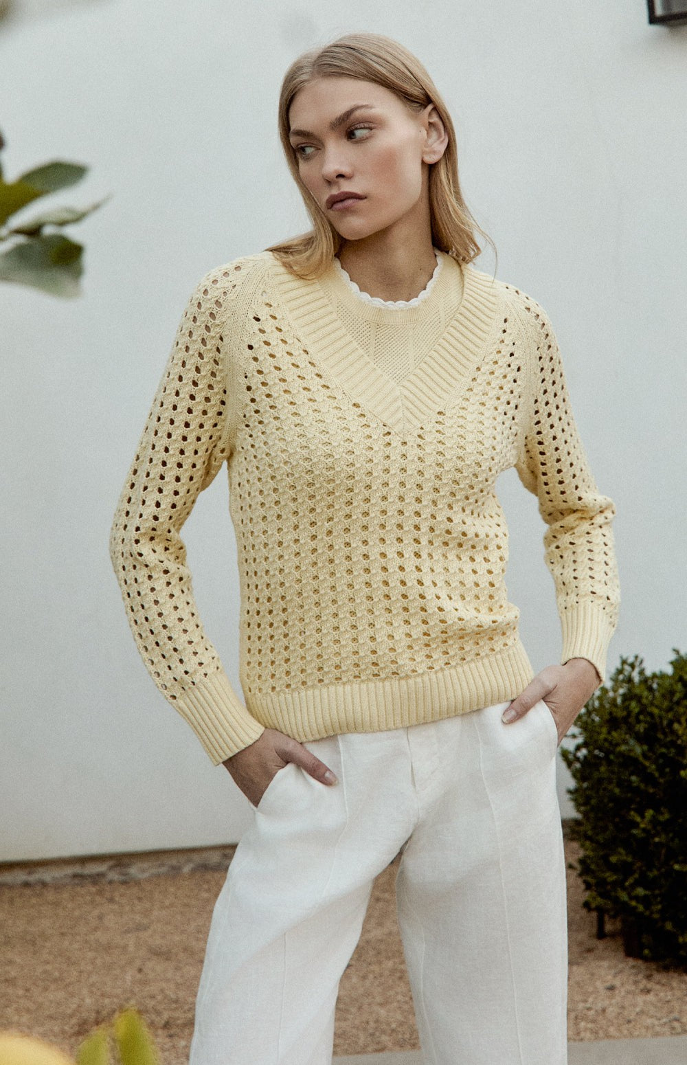 Alp N Rock Kinna Cable Knit Sweater, Women's Yellow V Neck Open Weave Sweater