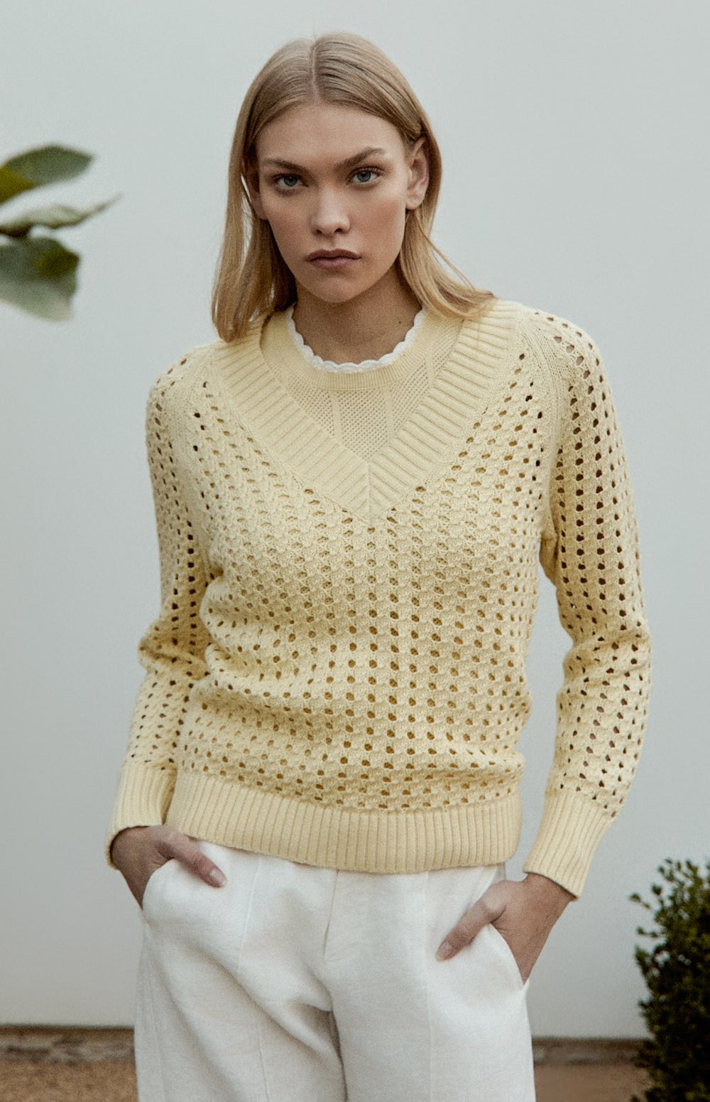 Alp N Rock Kinna Cable Knit Sweater, Women's Yellow V Neck Open Weave Sweater
