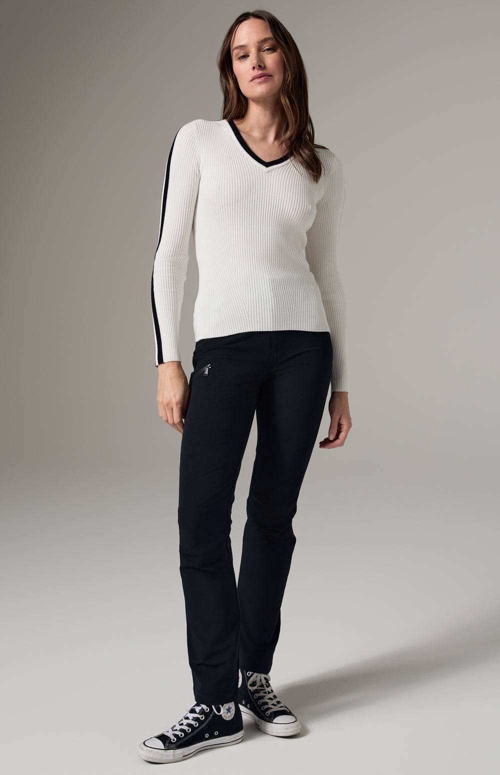 Alp N Rock Kris V Neck Sweater, Women's White Sweater with Black Stripe at the Neckline and Down the Arms