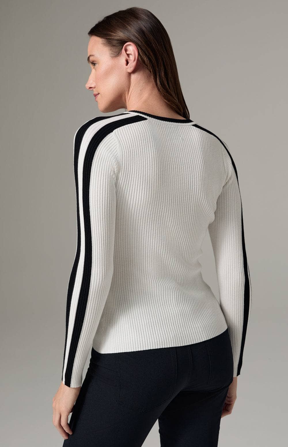 Alp N Rock Kris V Neck Sweater, Women's White Sweater with Black Stripe at the Neckline and Down the Arms