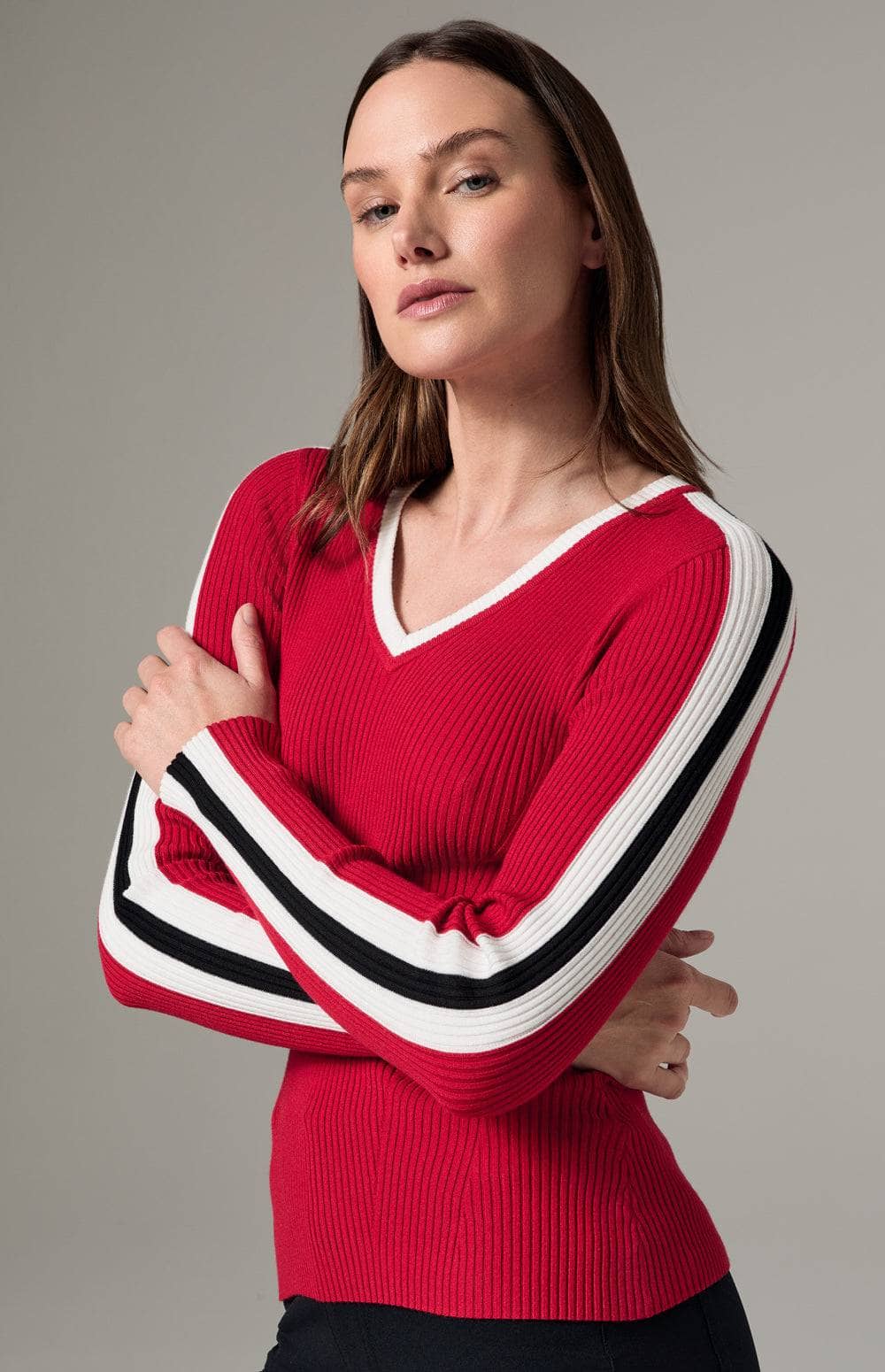 Alp N Rock Kris V Neck Sweater, Women's Red Sweater with White Stripe at the Neckline and Down the Arms